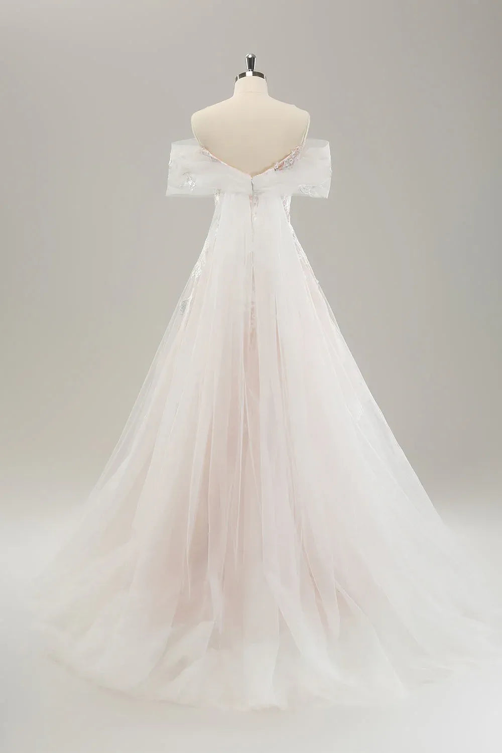 Off-the-Shoulder Blush Tulle A-Line Wedding Dress with Floral Lace Appliques