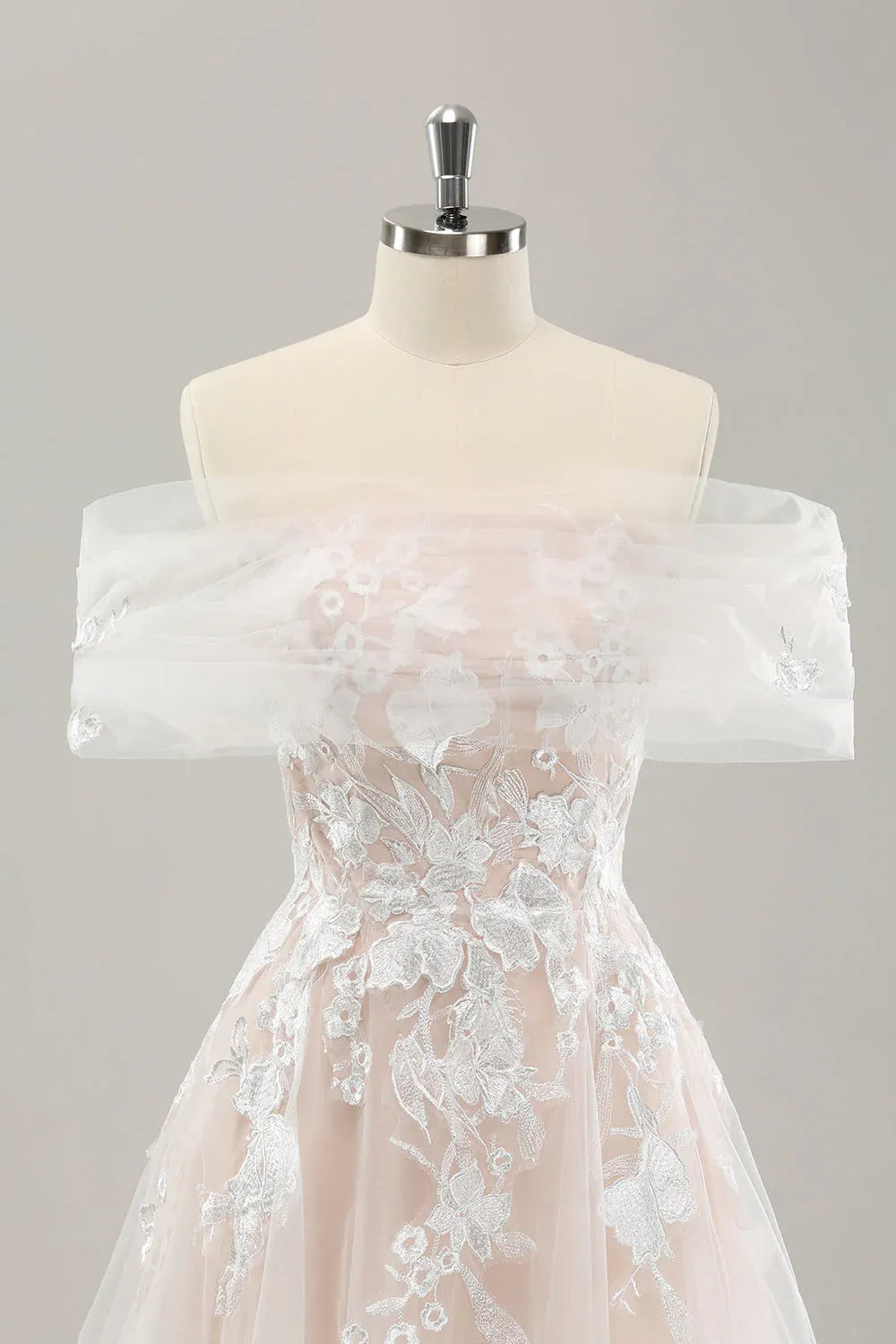 Off-the-Shoulder Blush Tulle A-Line Wedding Dress with Floral Lace Appliques
