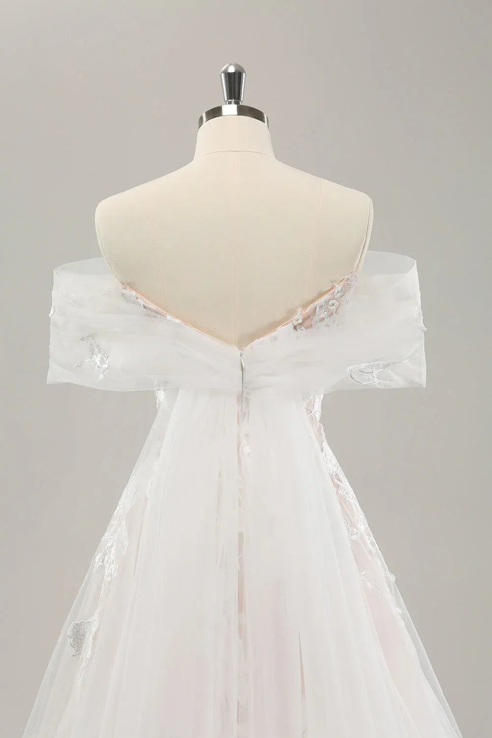 Off-the-Shoulder Blush Tulle A-Line Wedding Dress with Floral Lace Appliques