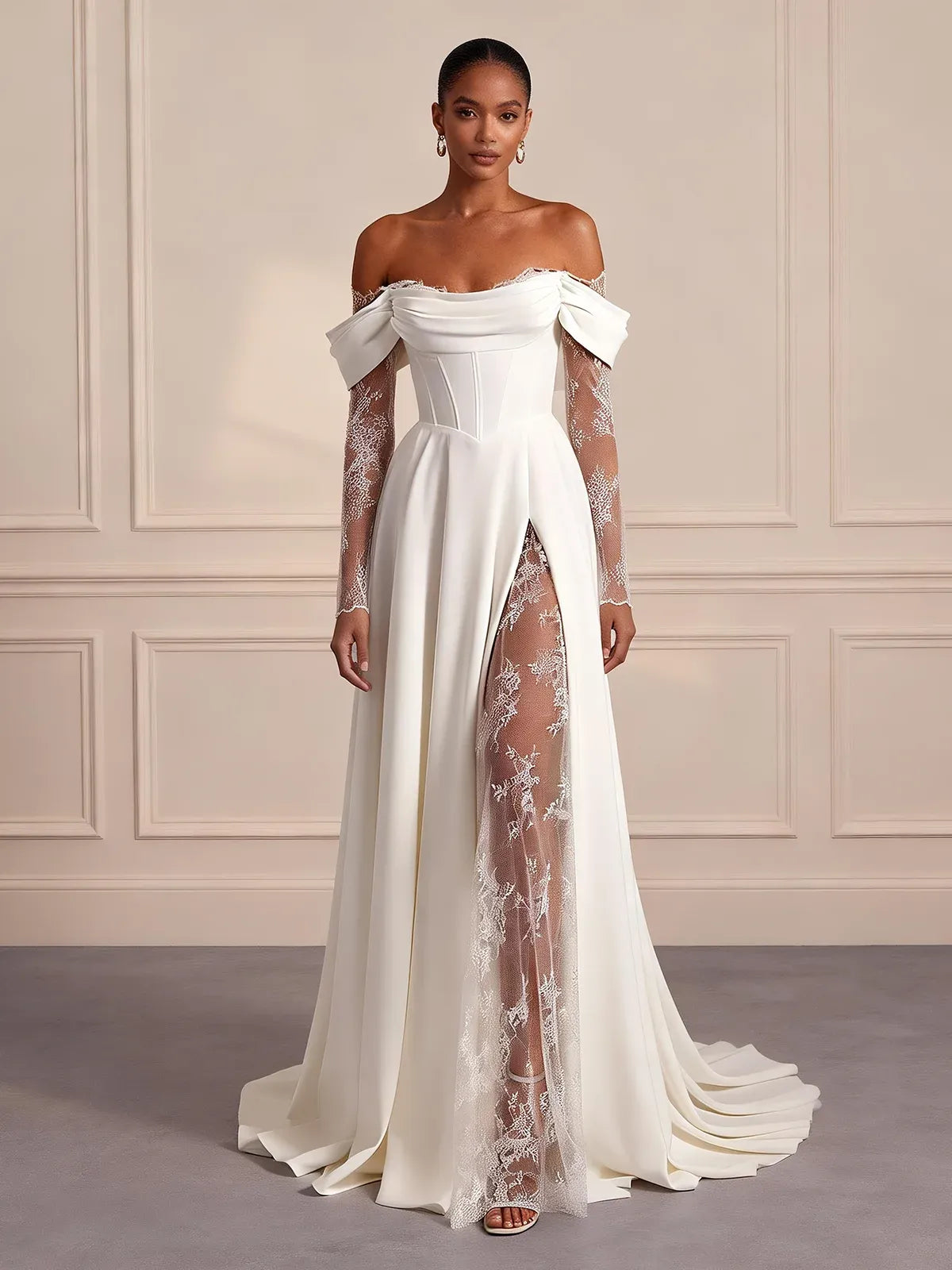 Off-the-Shoulder Corset Wedding Dress with Sheer Lace Sleeves & Slit Skirt - Modern Bridal Gown 