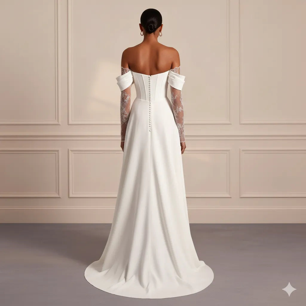 Off-the-Shoulder Corset Wedding Dress with Sheer Lace Sleeves & Slit Skirt - Modern Bridal Gown 
