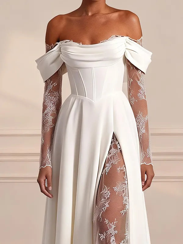 Off-the-Shoulder Corset Wedding Dress with Sheer Lace Sleeves & Slit Skirt - Modern Bridal Gown 