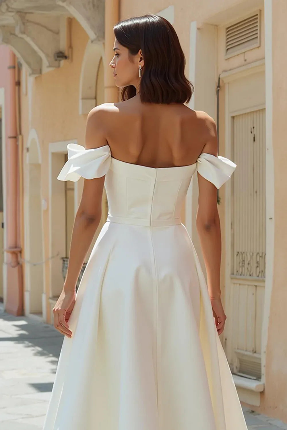 Off-the-Shoulder Crepe A-Line Midi Wedding Dress with Bow Sleeves