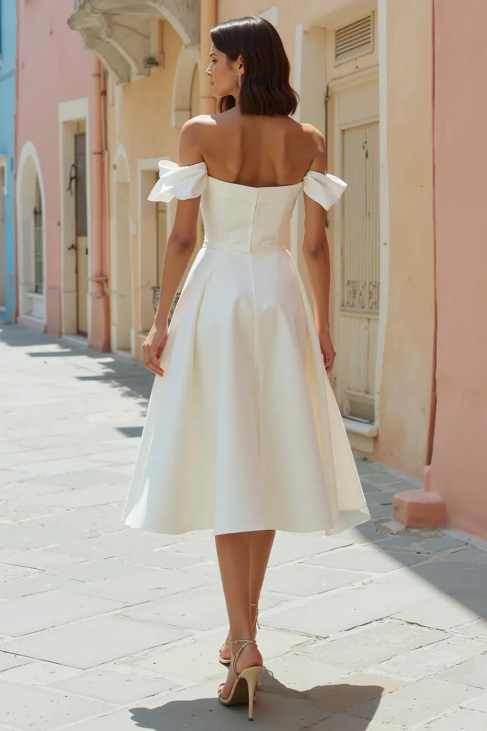 Off-the-Shoulder Crepe A-Line Midi Wedding Dress with Bow Sleeves