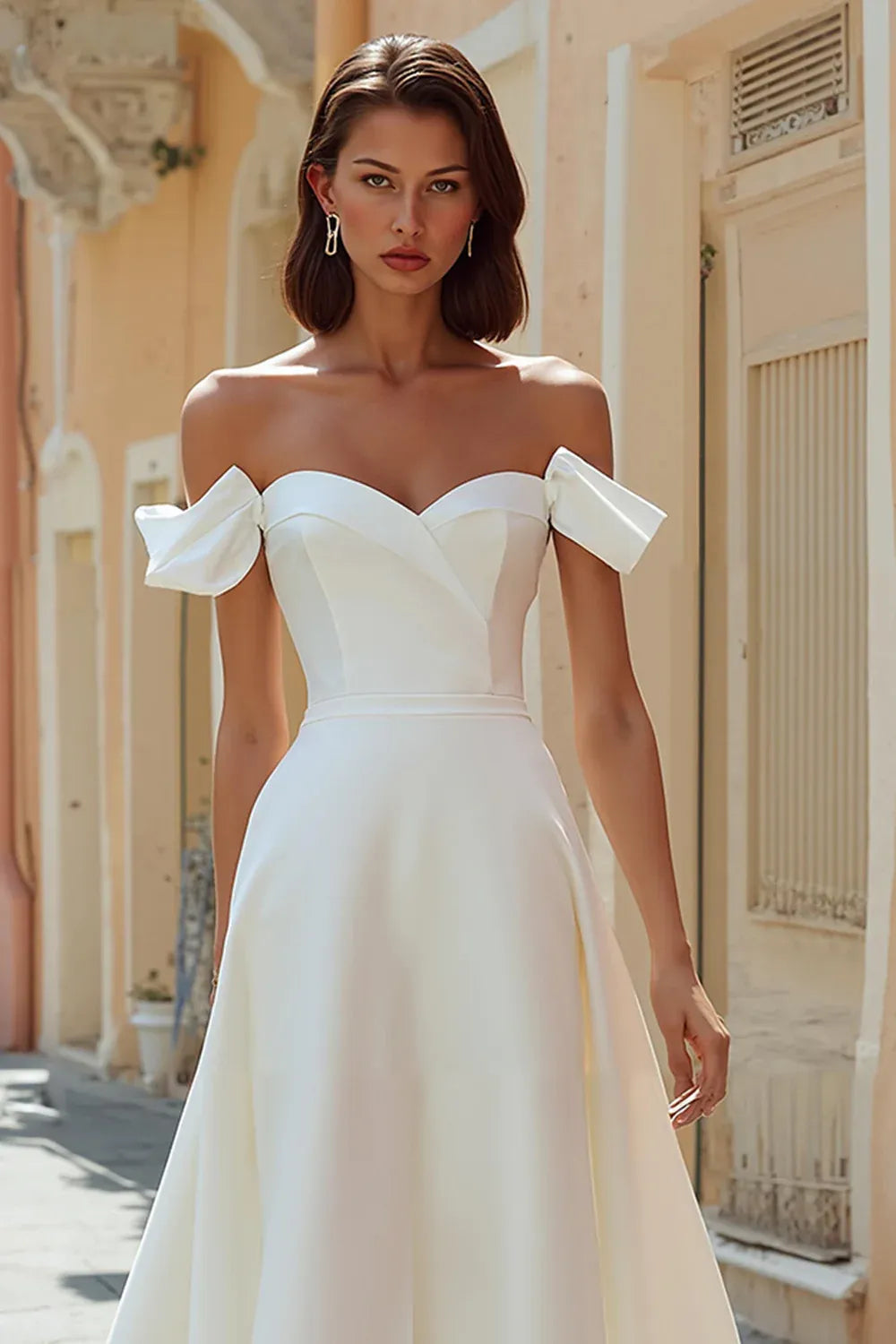Off-the-Shoulder Crepe A-Line Midi Wedding Dress with Bow Sleeves
