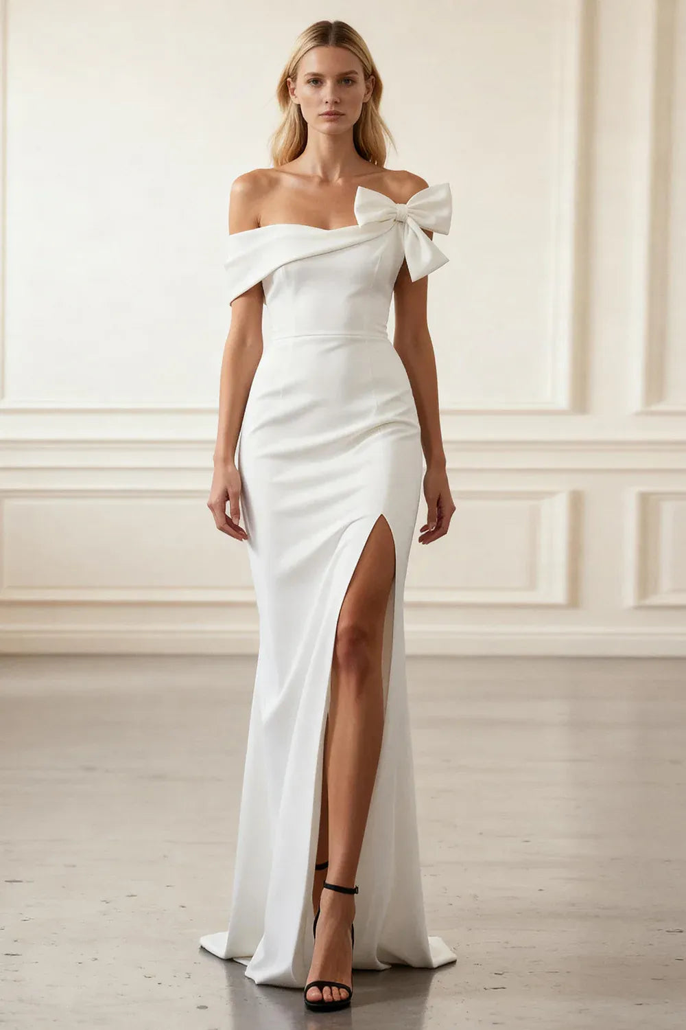 Off-the-Shoulder Crepe Mermaid Wedding Dress with Bow & Slit