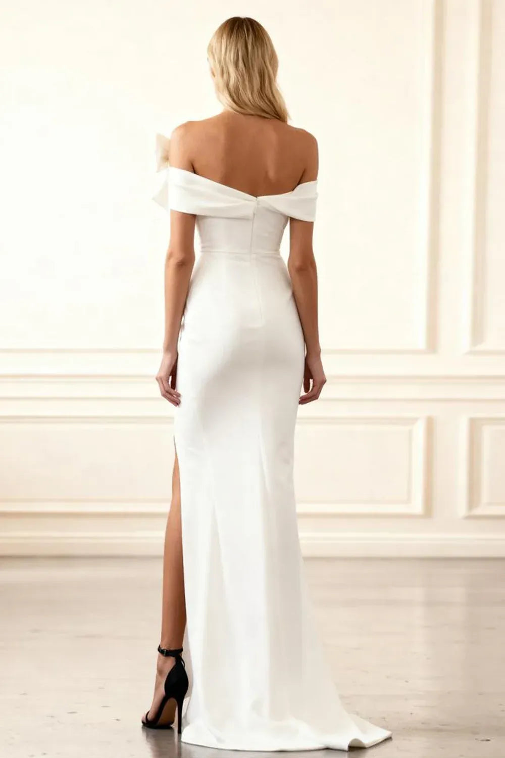 Off-the-Shoulder Crepe Mermaid Wedding Dress with Bow & Slit