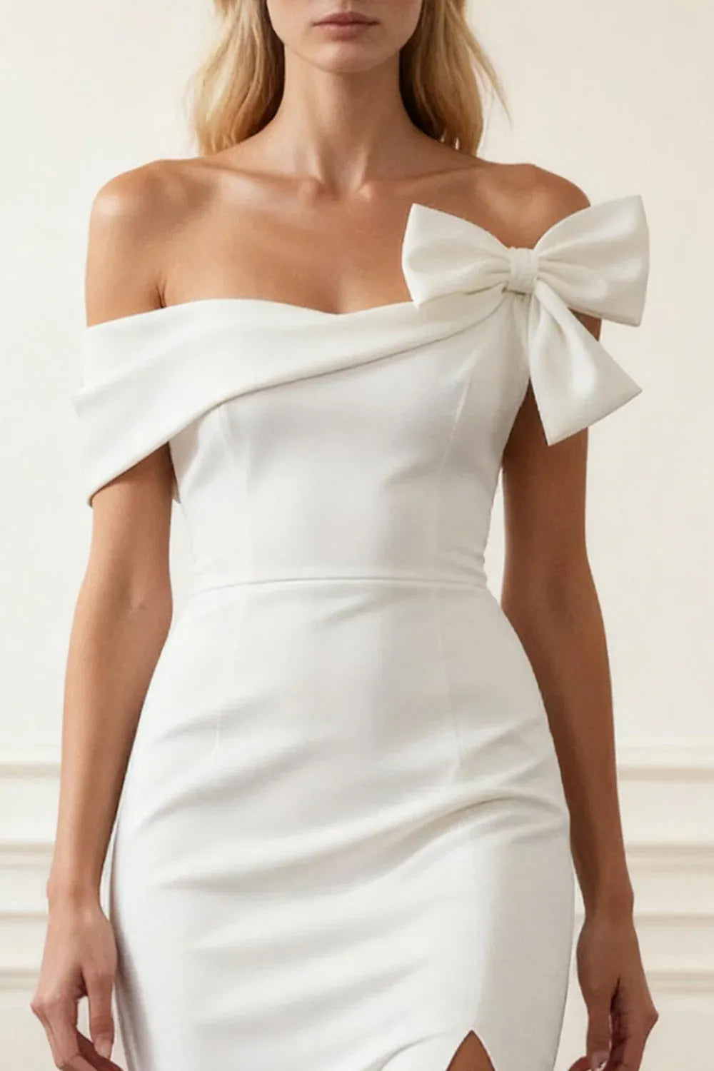 Off-the-Shoulder Crepe Mermaid Wedding Dress with Bow & Slit