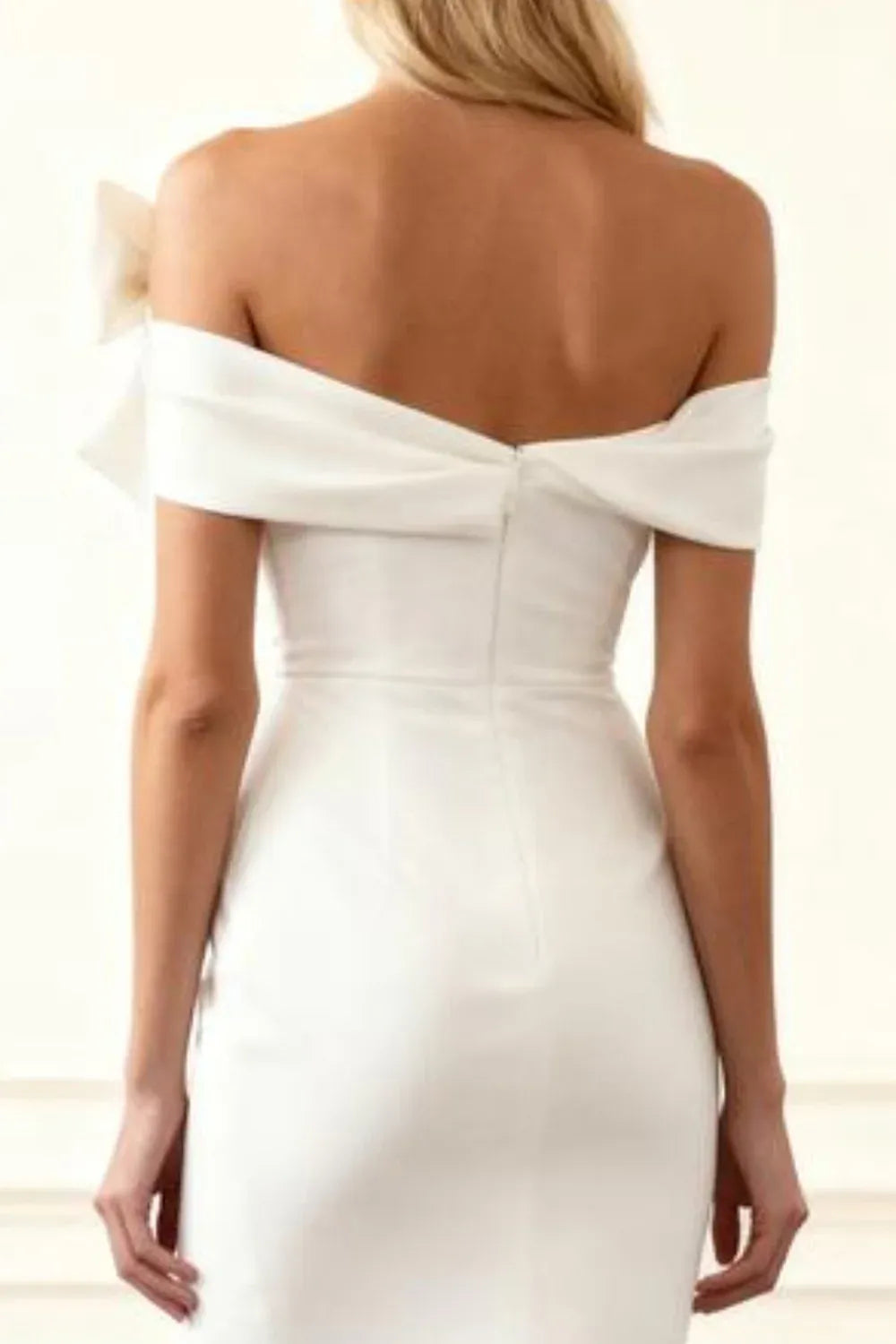 Off-the-Shoulder Crepe Mermaid Wedding Dress with Bow & Slit