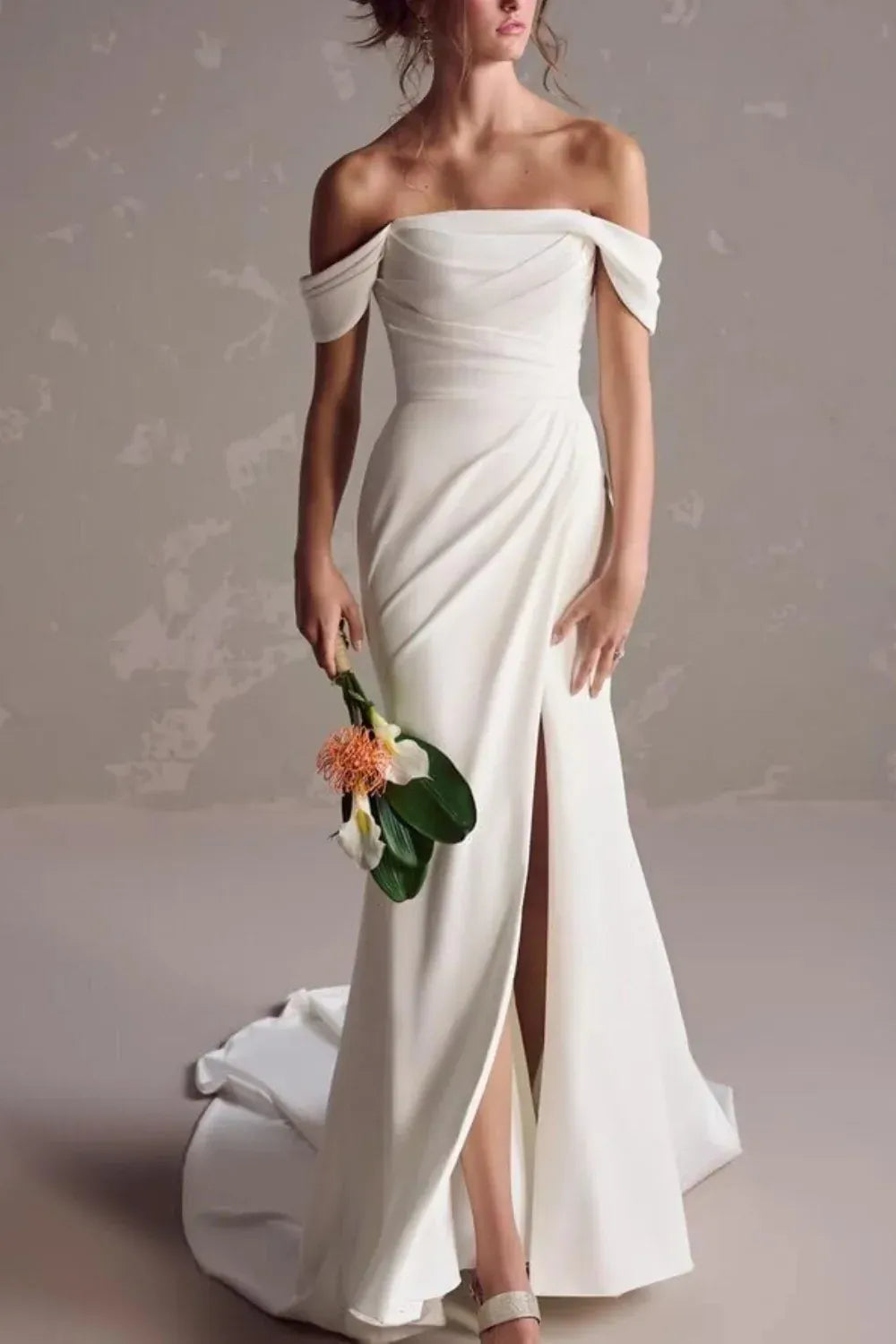 Off-the-Shoulder Crepe Mermaid Wedding Dress with Buttons & Slit - Modern Bridal Gown