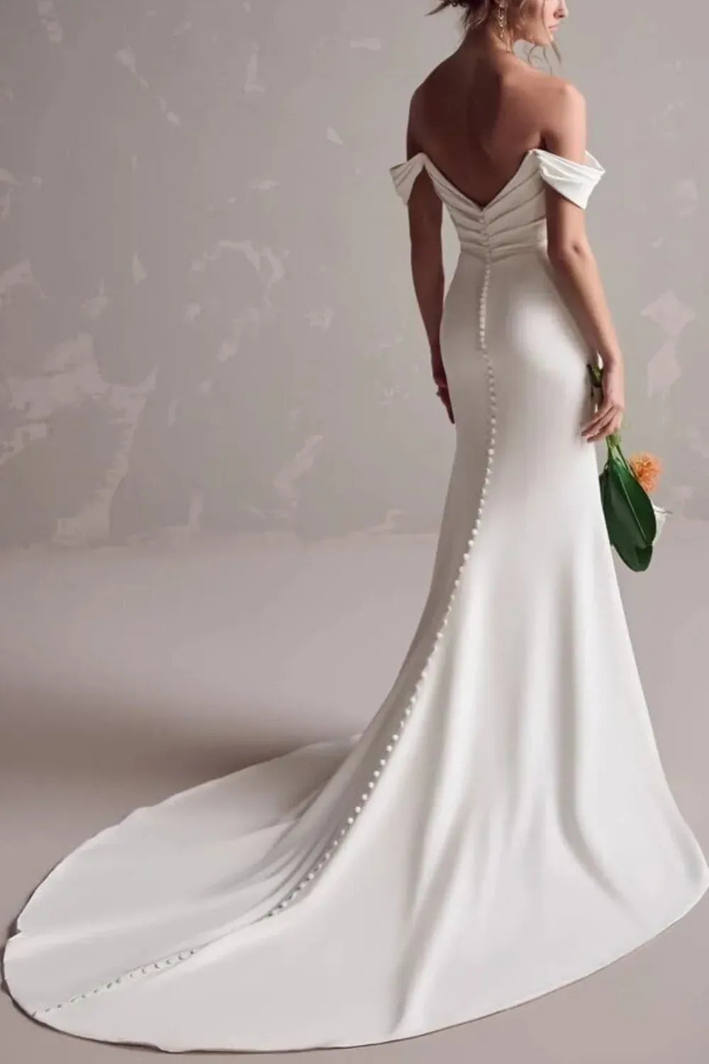 Off-the-Shoulder Crepe Mermaid Wedding Dress with Buttons & Slit - Modern Bridal Gown