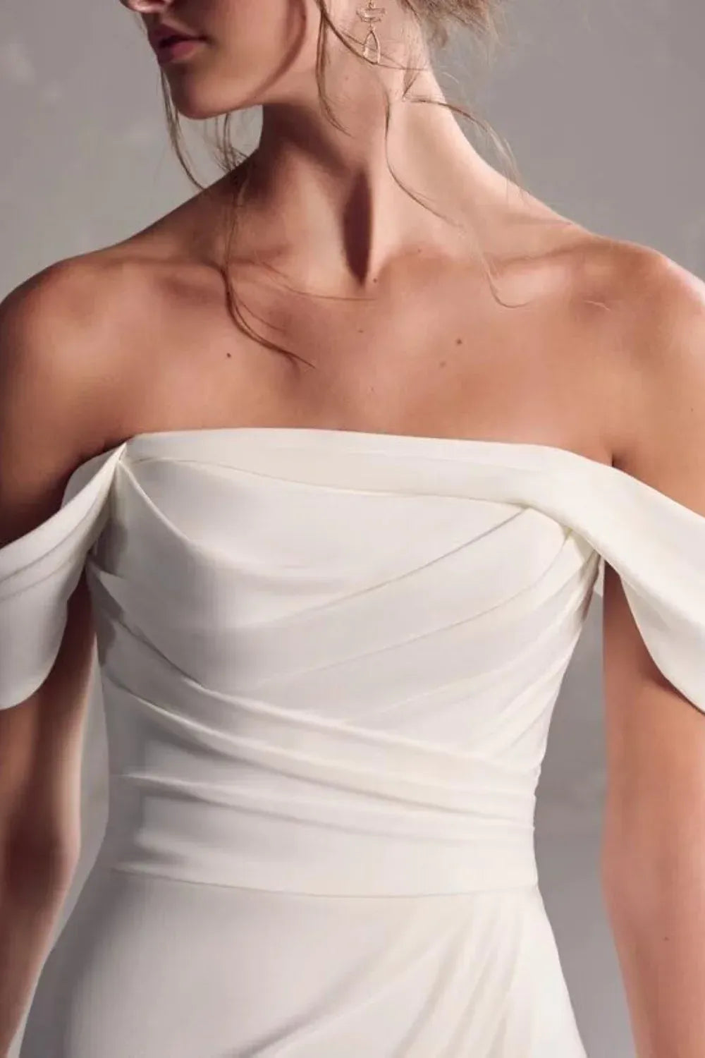 Off-the-Shoulder Crepe Mermaid Wedding Dress with Buttons & Slit - Modern Bridal Gown
