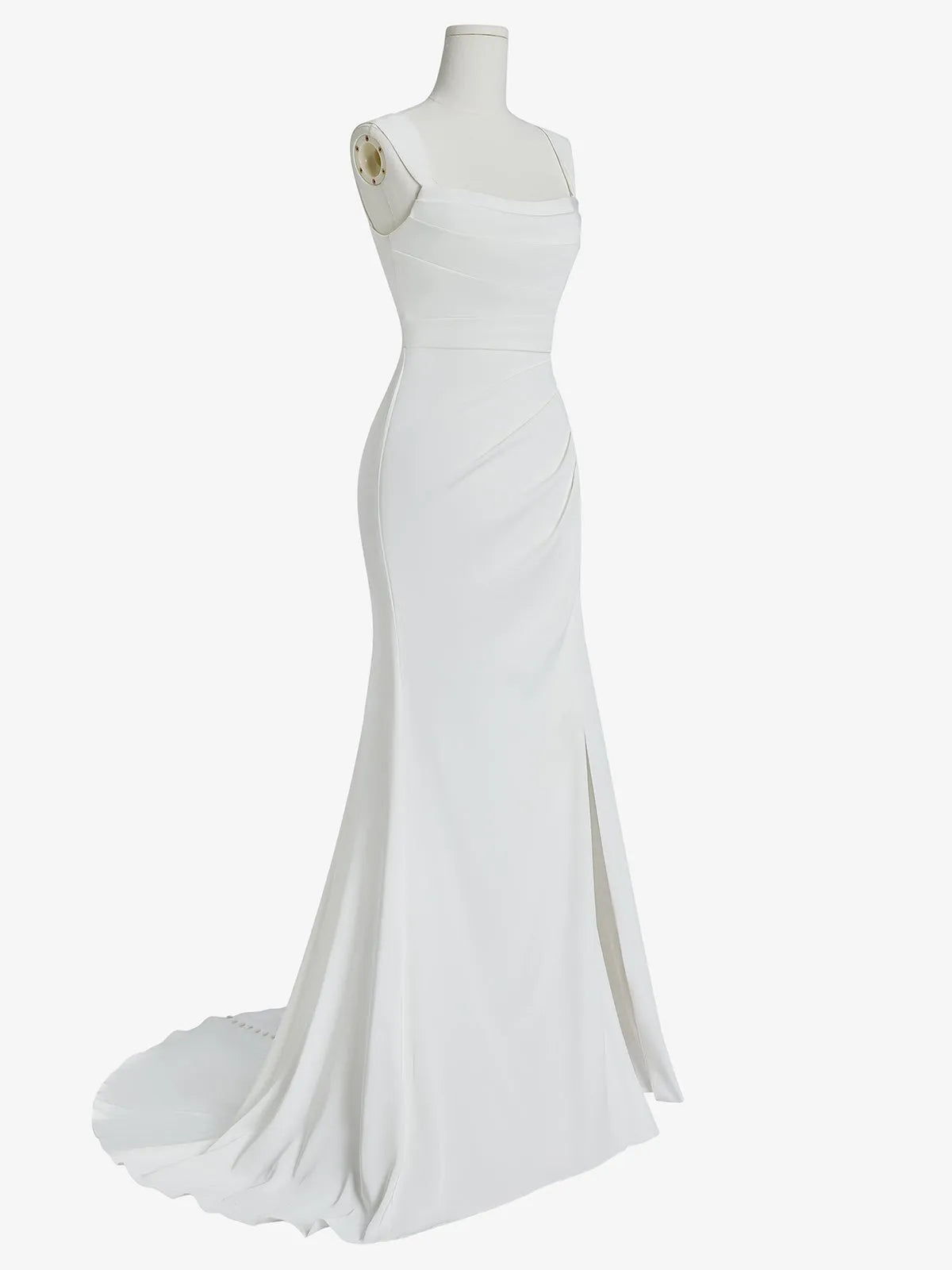 Off-the-Shoulder Crepe Mermaid Wedding Dress with Front Slit & Button Back - Modern Bridal Gown