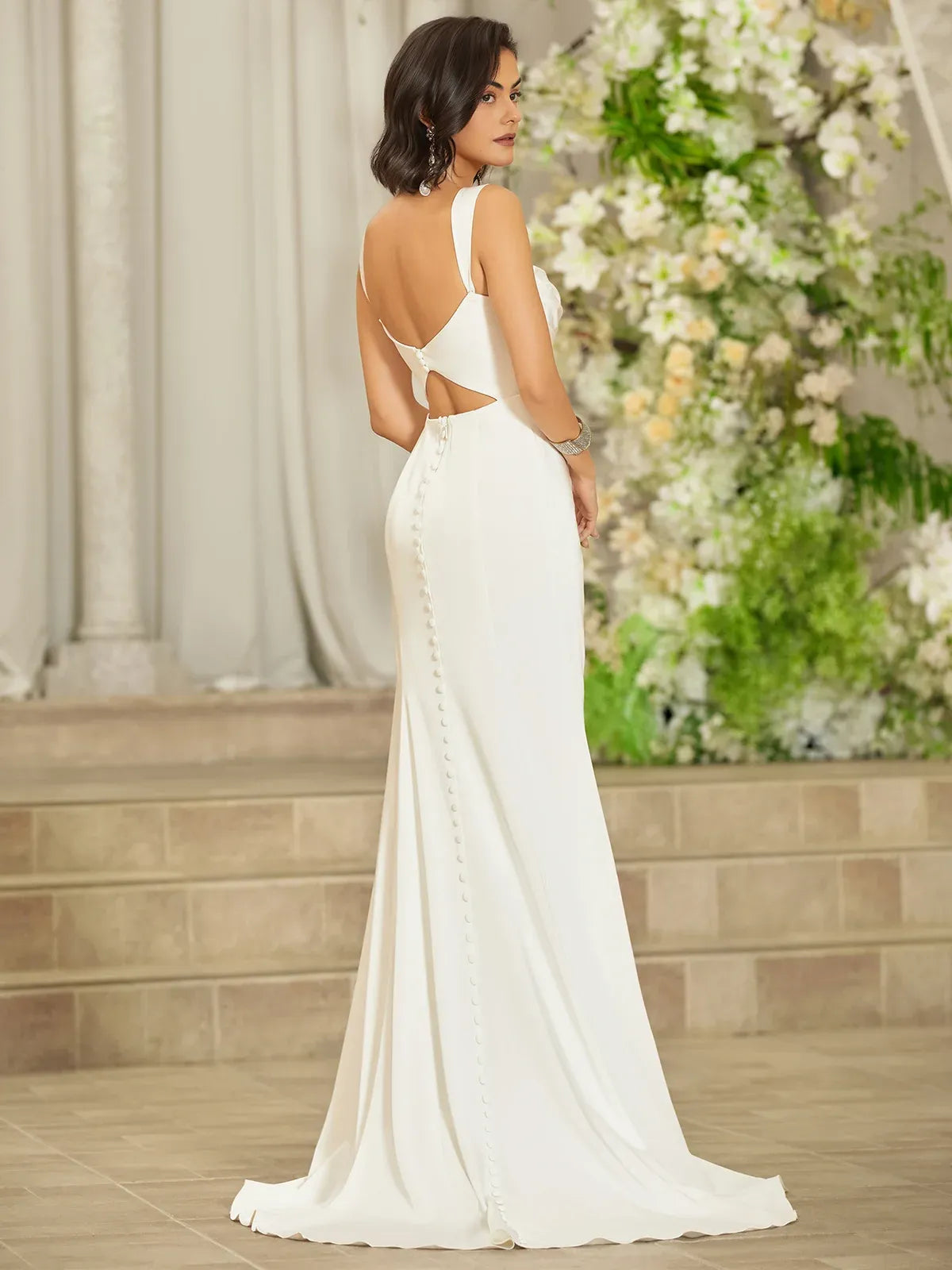 Off-the-Shoulder Crepe Mermaid Wedding Dress with Front Slit & Button Back - Modern Bridal Gown