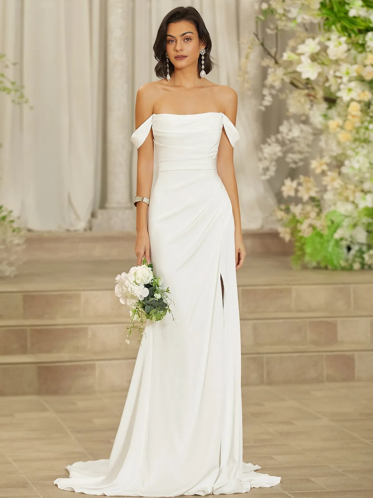Off-the-Shoulder Crepe Mermaid Wedding Dress with Front Slit & Button Back - Modern Bridal Gown