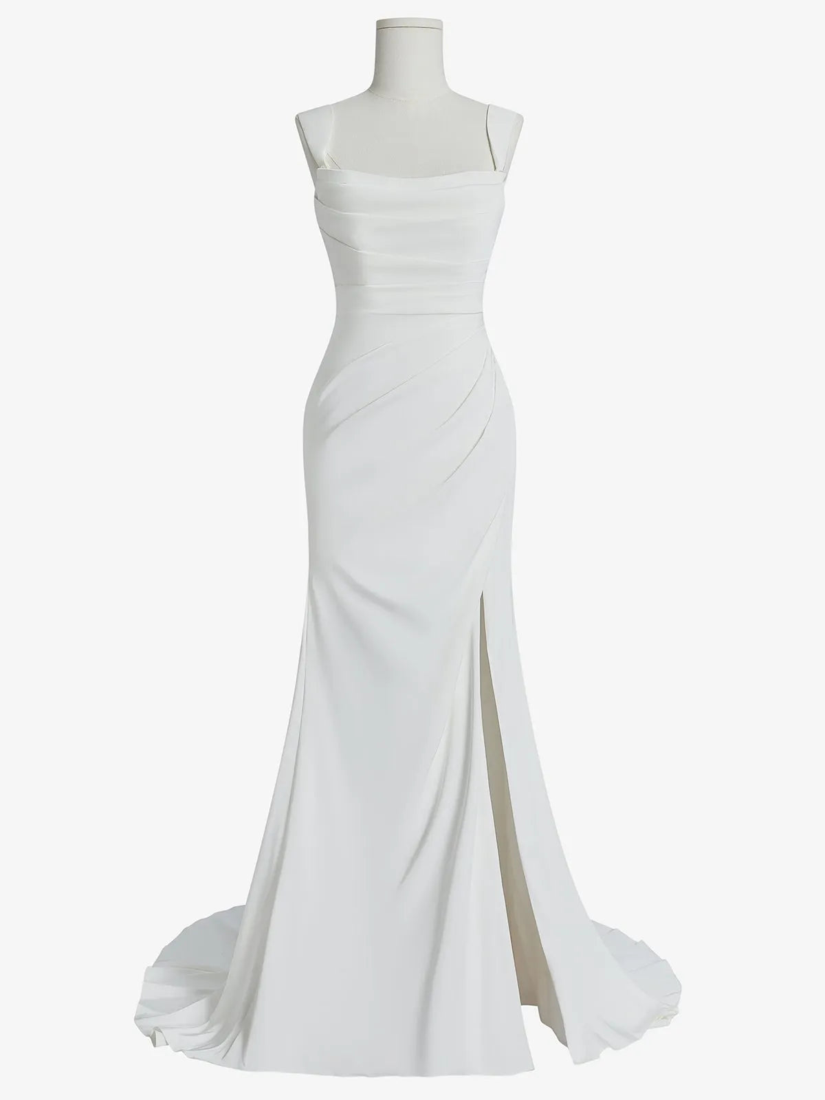 Off-the-Shoulder Crepe Mermaid Wedding Dress with Front Slit & Button Back - Modern Bridal Gown