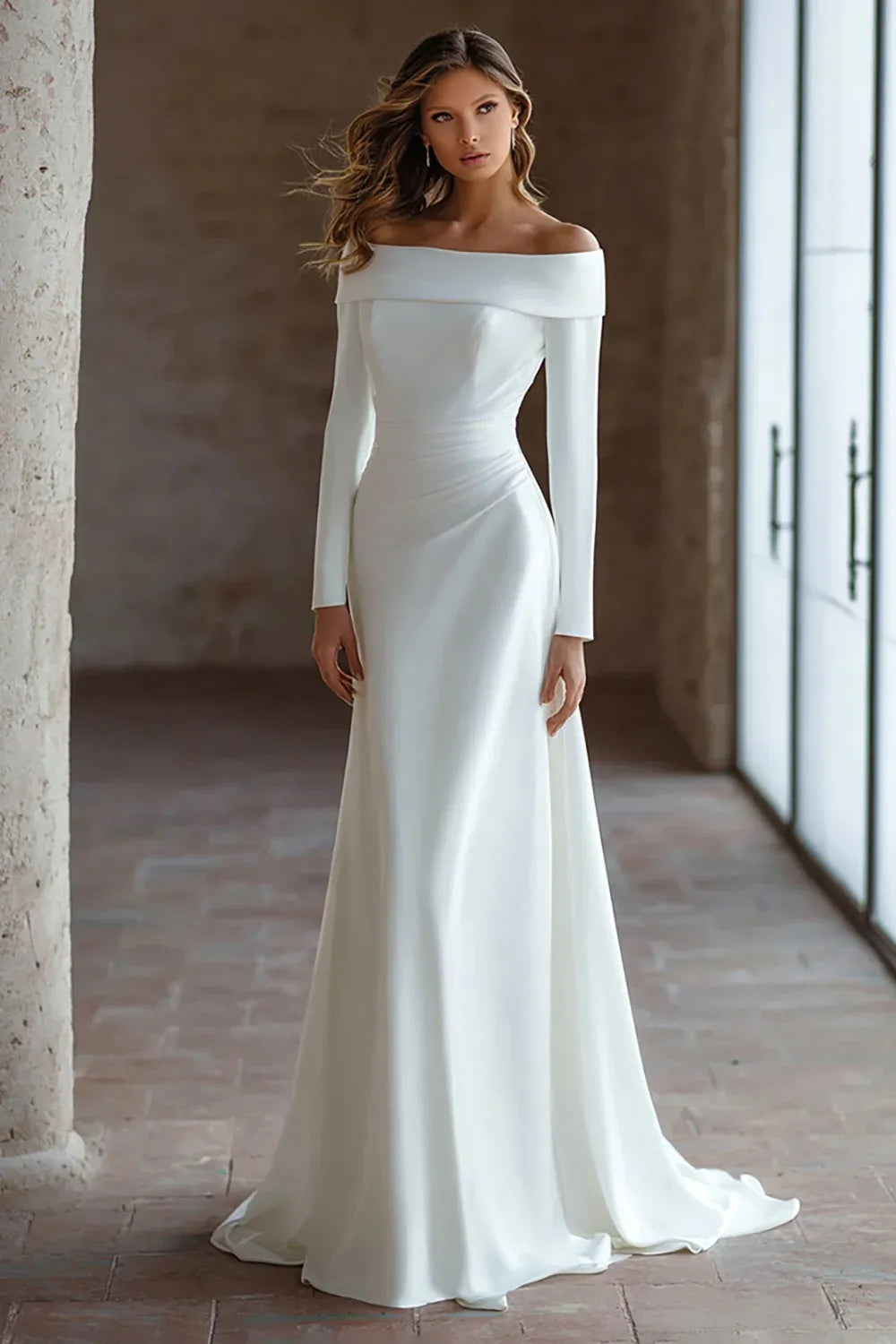 Off-the-Shoulder Crepe Mermaid Wedding Dress with Long Sleeves - Minimalist Bridal Gown