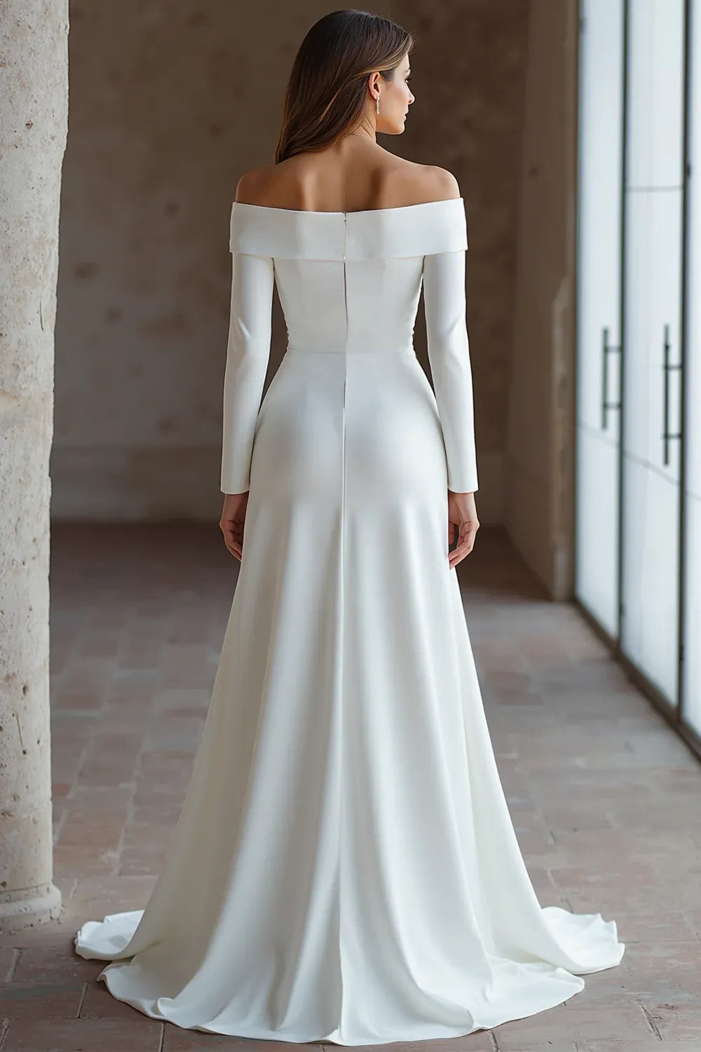 Off-the-Shoulder Crepe Mermaid Wedding Dress with Long Sleeves - Minimalist Bridal Gown