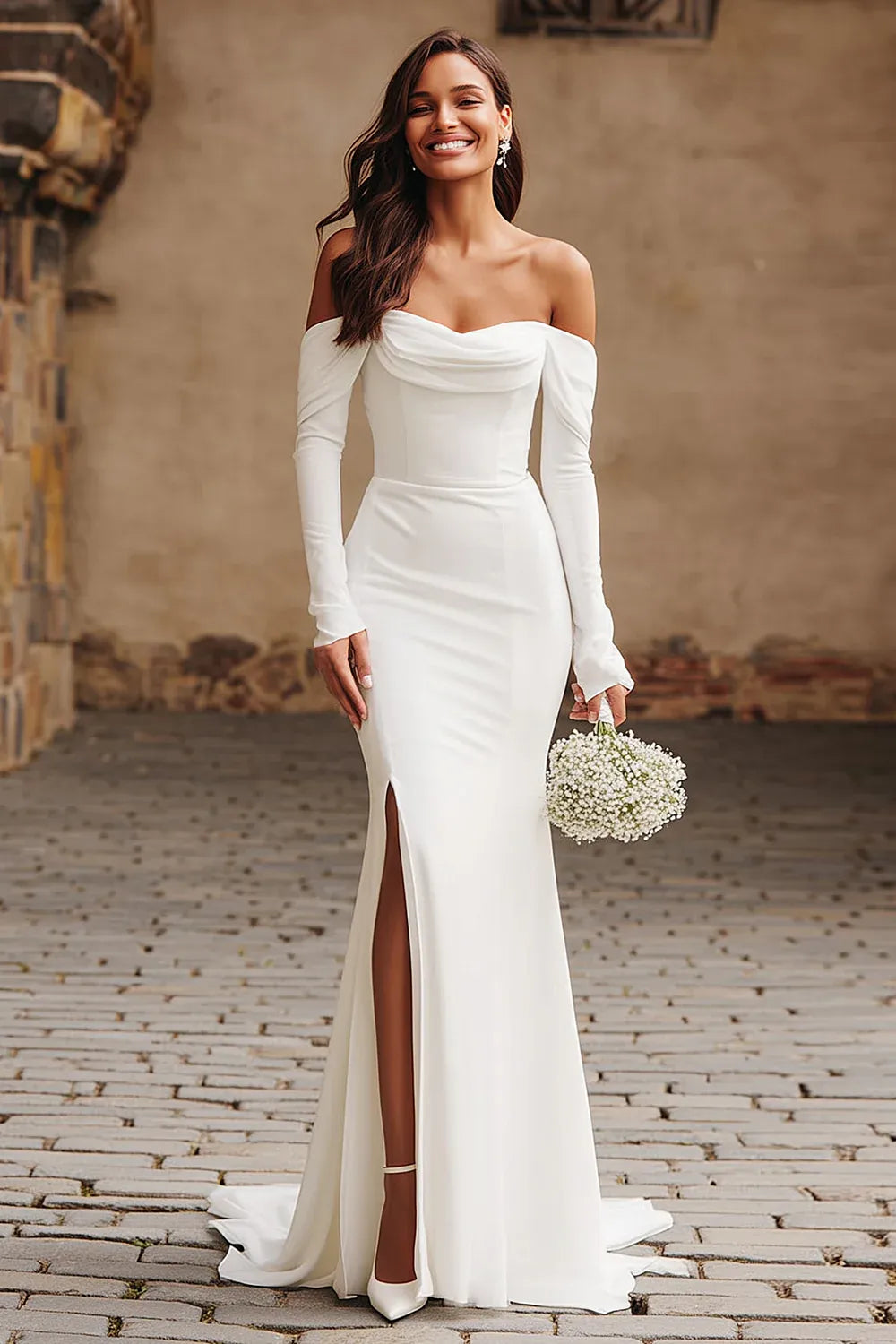 Off-the-Shoulder Crepe Mermaid Wedding Dress with Long Sleeves - Romantic Bridal Gown