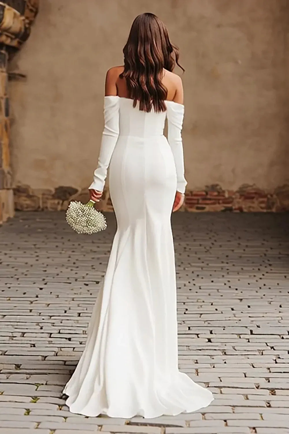 Off-the-Shoulder Crepe Mermaid Wedding Dress with Long Sleeves - Romantic Bridal Gown