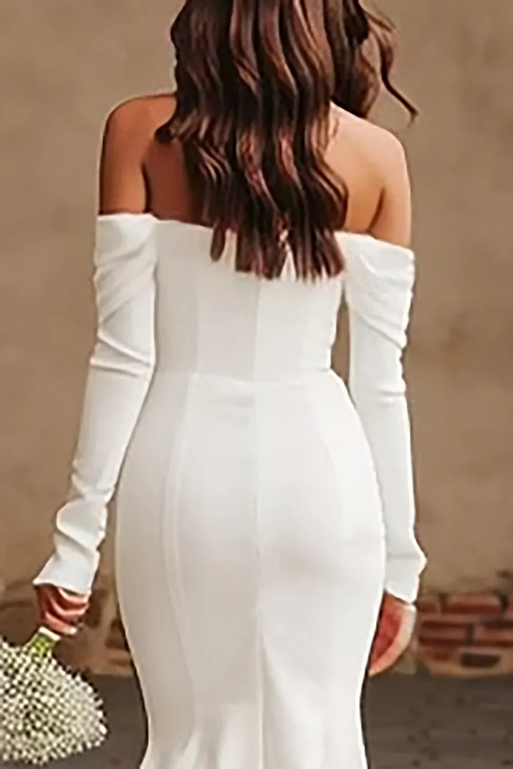 Off-the-Shoulder Crepe Mermaid Wedding Dress with Long Sleeves - Romantic Bridal Gown