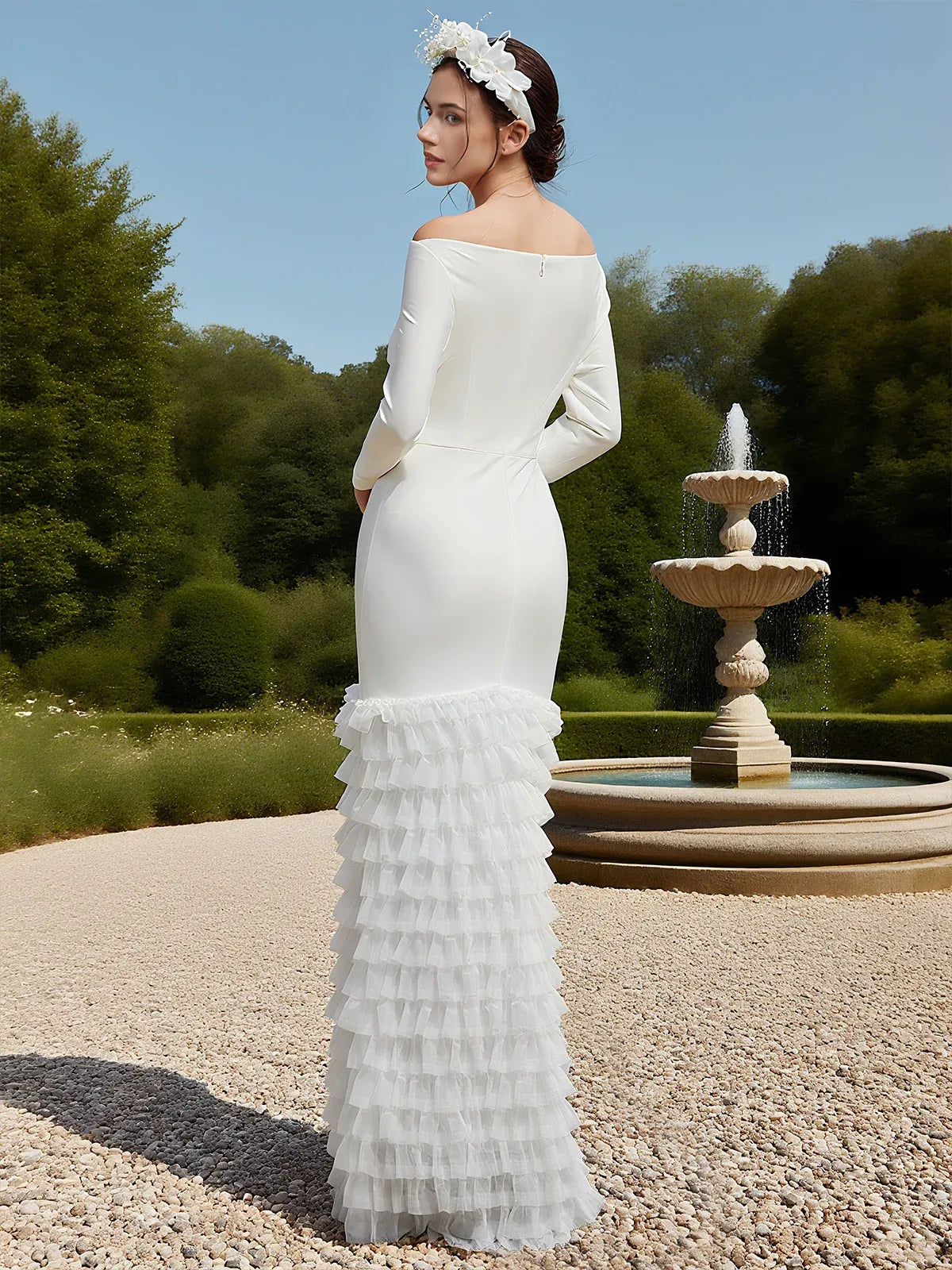 Off-the-Shoulder Crepe Mermaid Wedding Dress with Tiered Ruffle Hem - Modern Bridal Gown