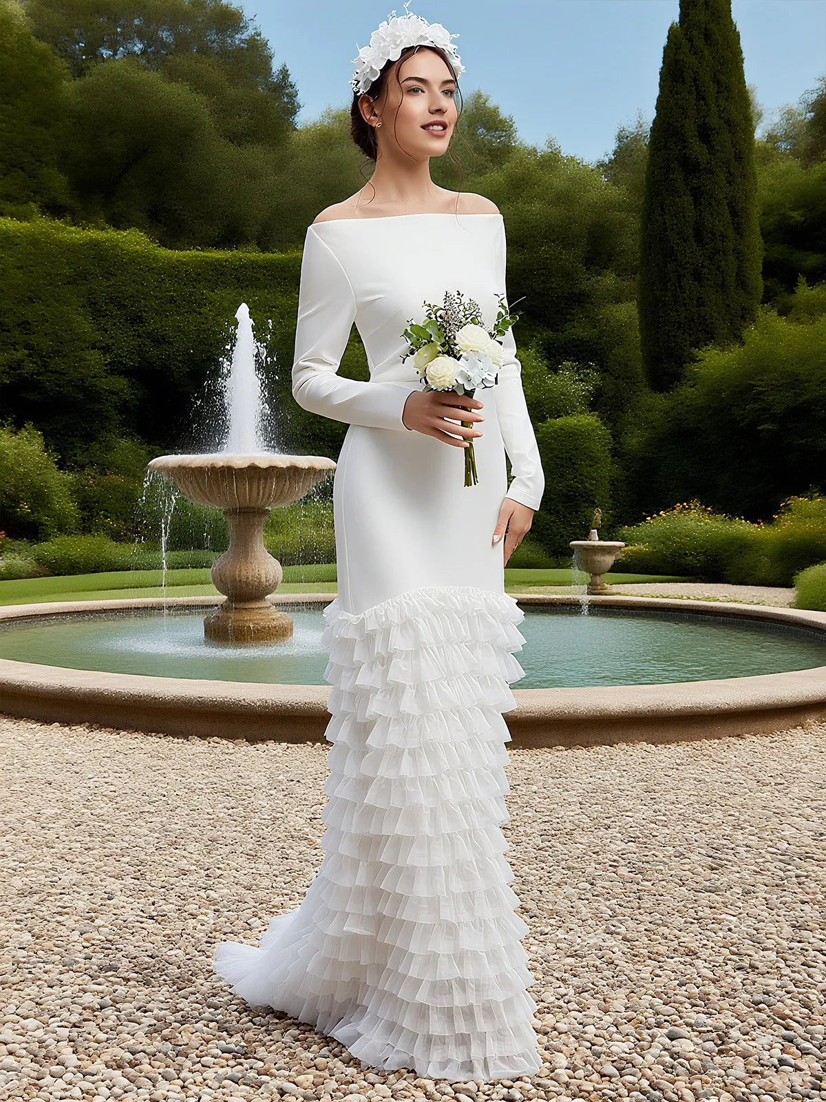 Off-the-Shoulder Crepe Mermaid Wedding Dress with Tiered Ruffle Hem - Modern Bridal Gown