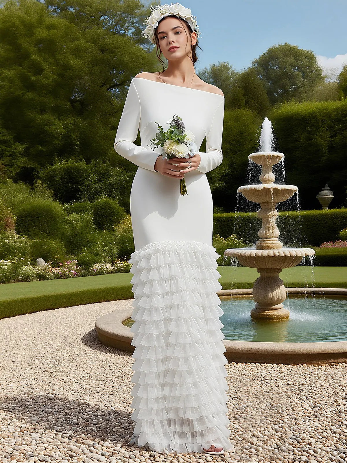 Off-the-Shoulder Crepe Mermaid Wedding Dress with Tiered Ruffle Hem - Modern Bridal Gown