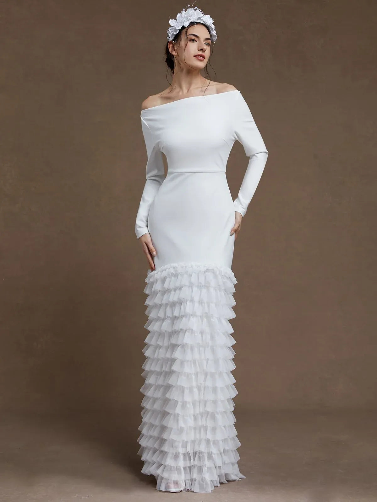 Off-the-Shoulder Crepe Mermaid Wedding Dress with Tiered Ruffle Hem - Modern Bridal Gown