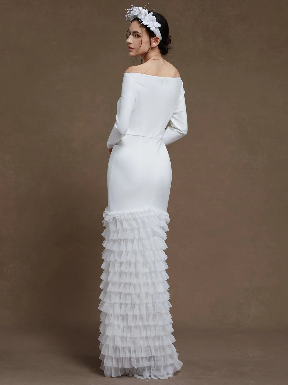 Off-the-Shoulder Crepe Mermaid Wedding Dress with Tiered Ruffle Hem - Modern Bridal Gown
