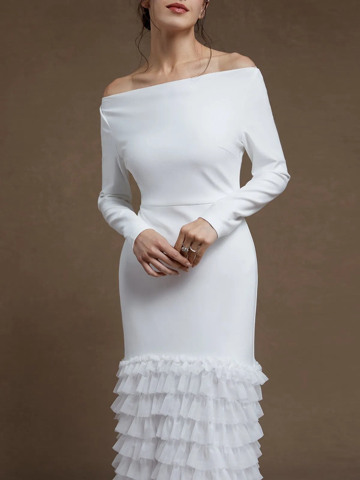 Off-the-Shoulder Crepe Mermaid Wedding Dress with Tiered Ruffle Hem - Modern Bridal Gown