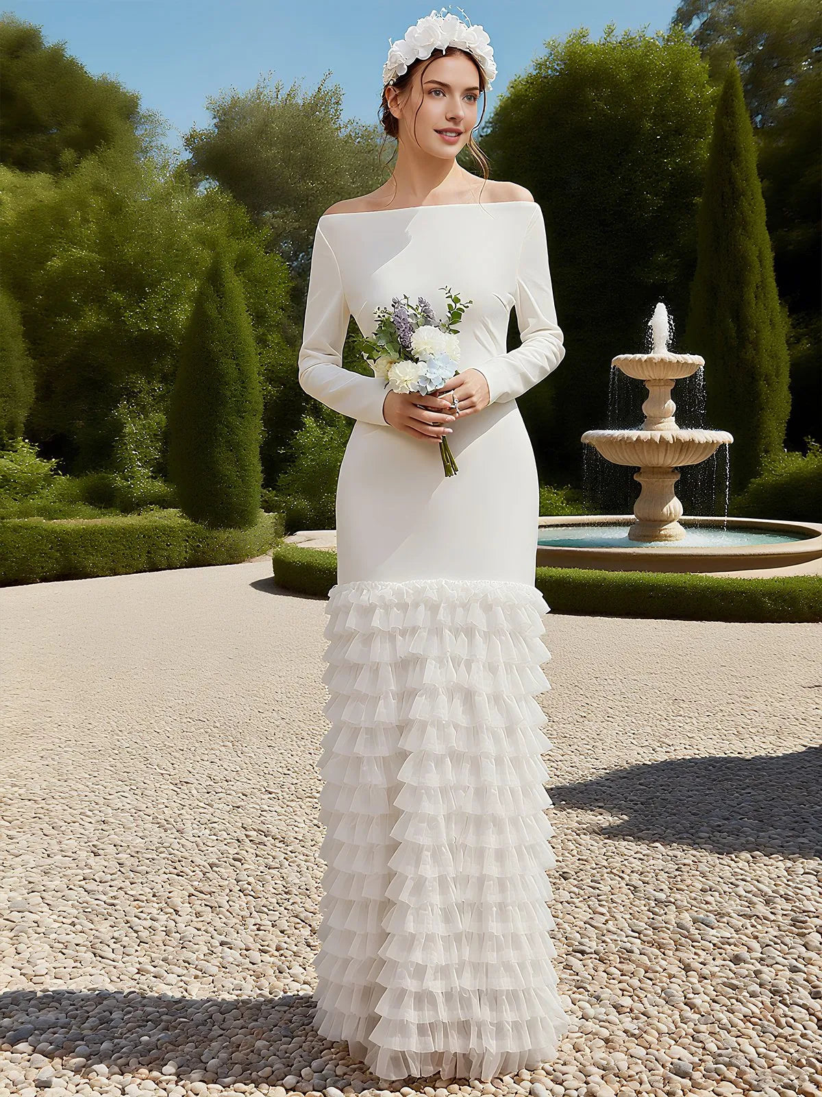 Off-the-Shoulder Crepe Mermaid Wedding Dress with Tiered Ruffle Hem - Modern Bridal Gown