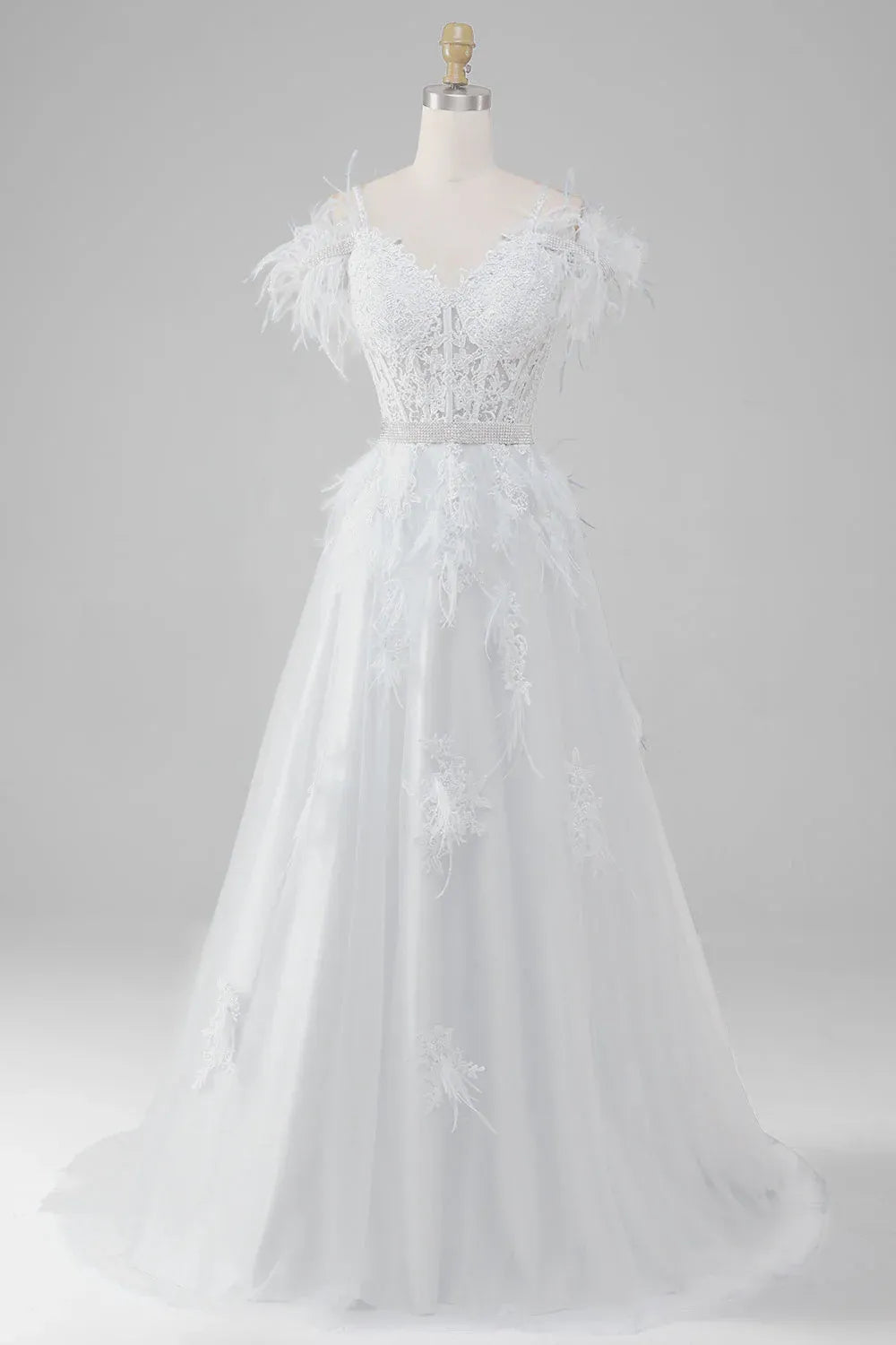 Off-the-Shoulder Feather Lace & Tulle A-Line Wedding Dress with Beaded Waist