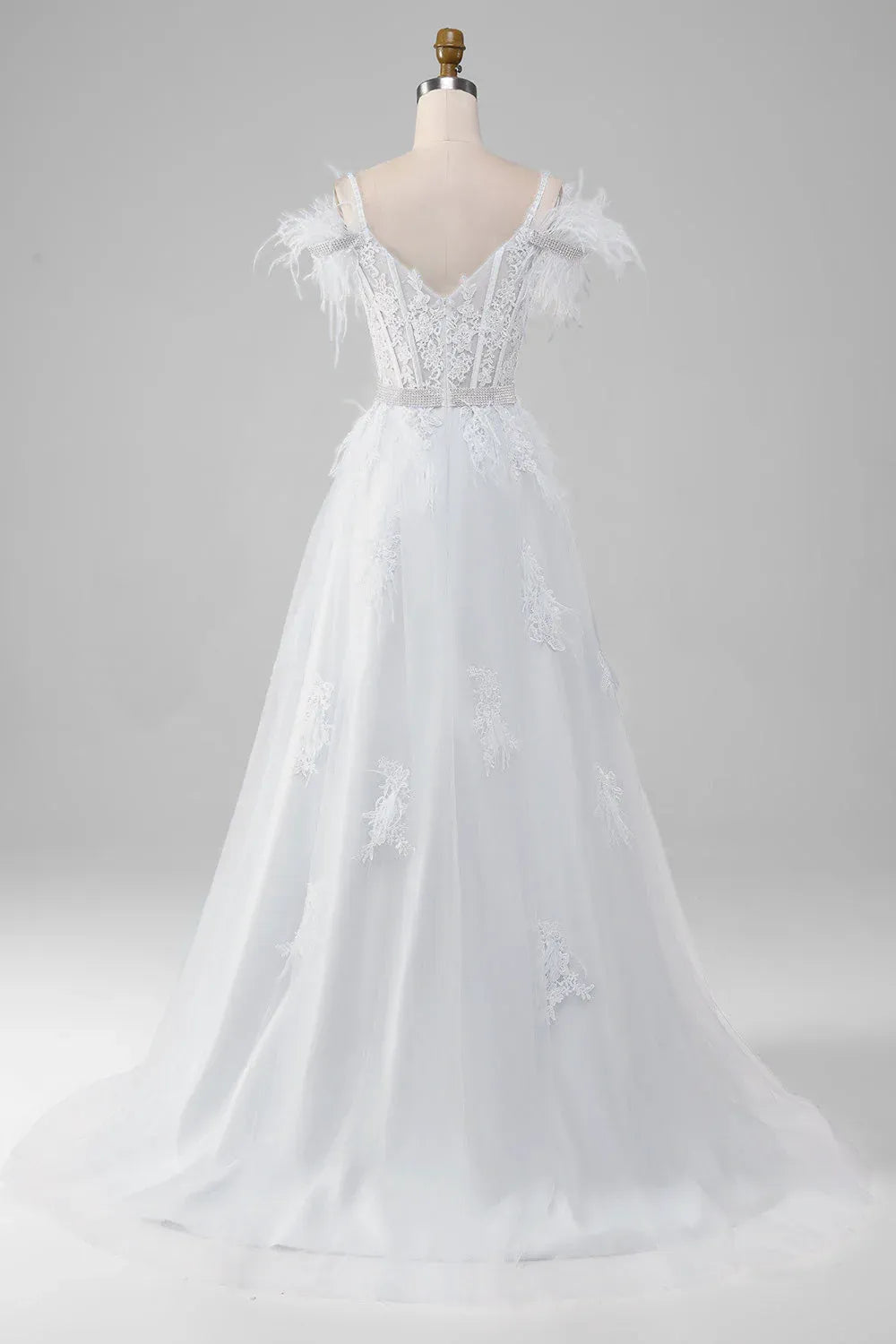 Off-the-Shoulder Feather Lace & Tulle A-Line Wedding Dress with Beaded Waist