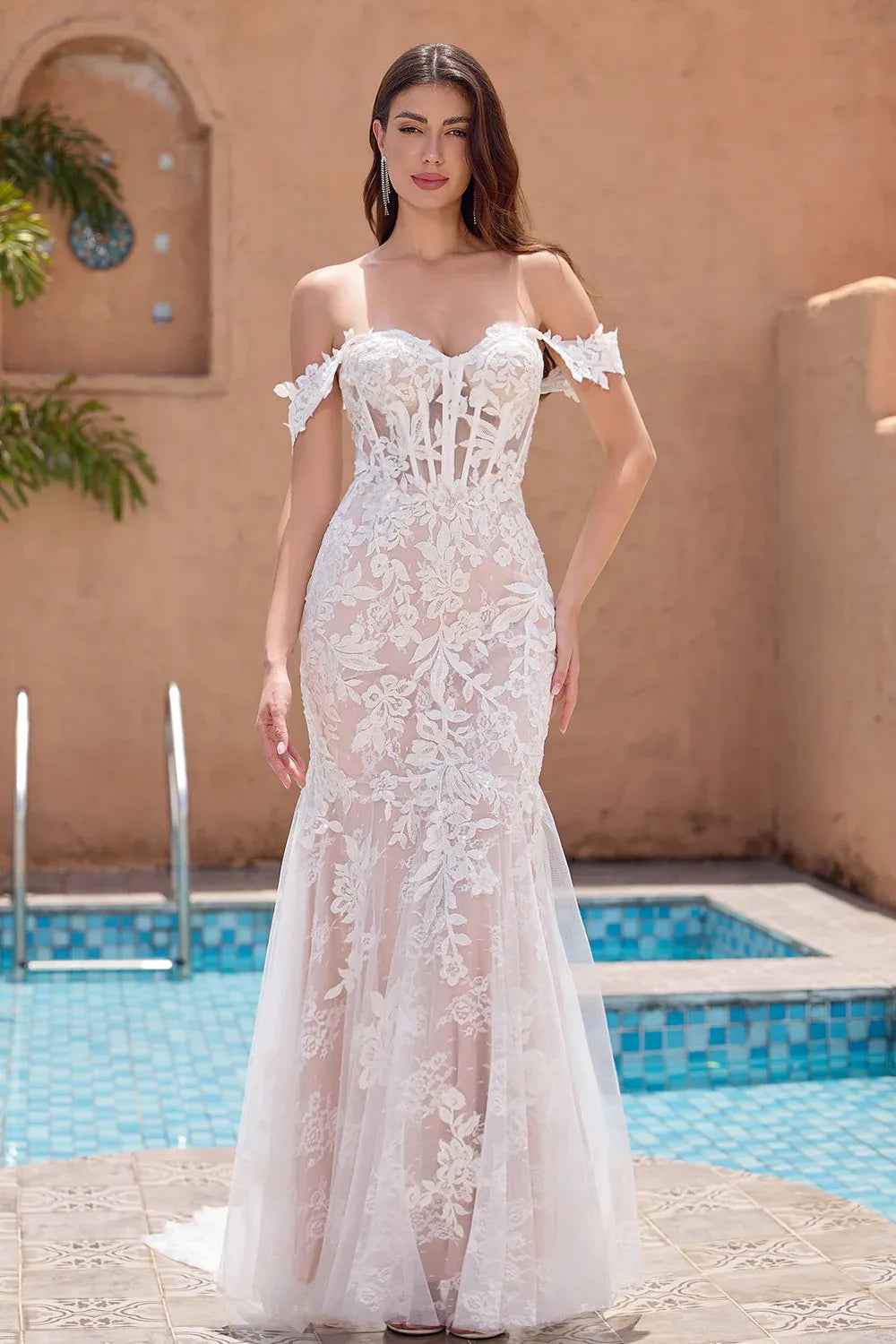 Off-the-Shoulder Floral Lace Mermaid Wedding Dress with Corset Bodice