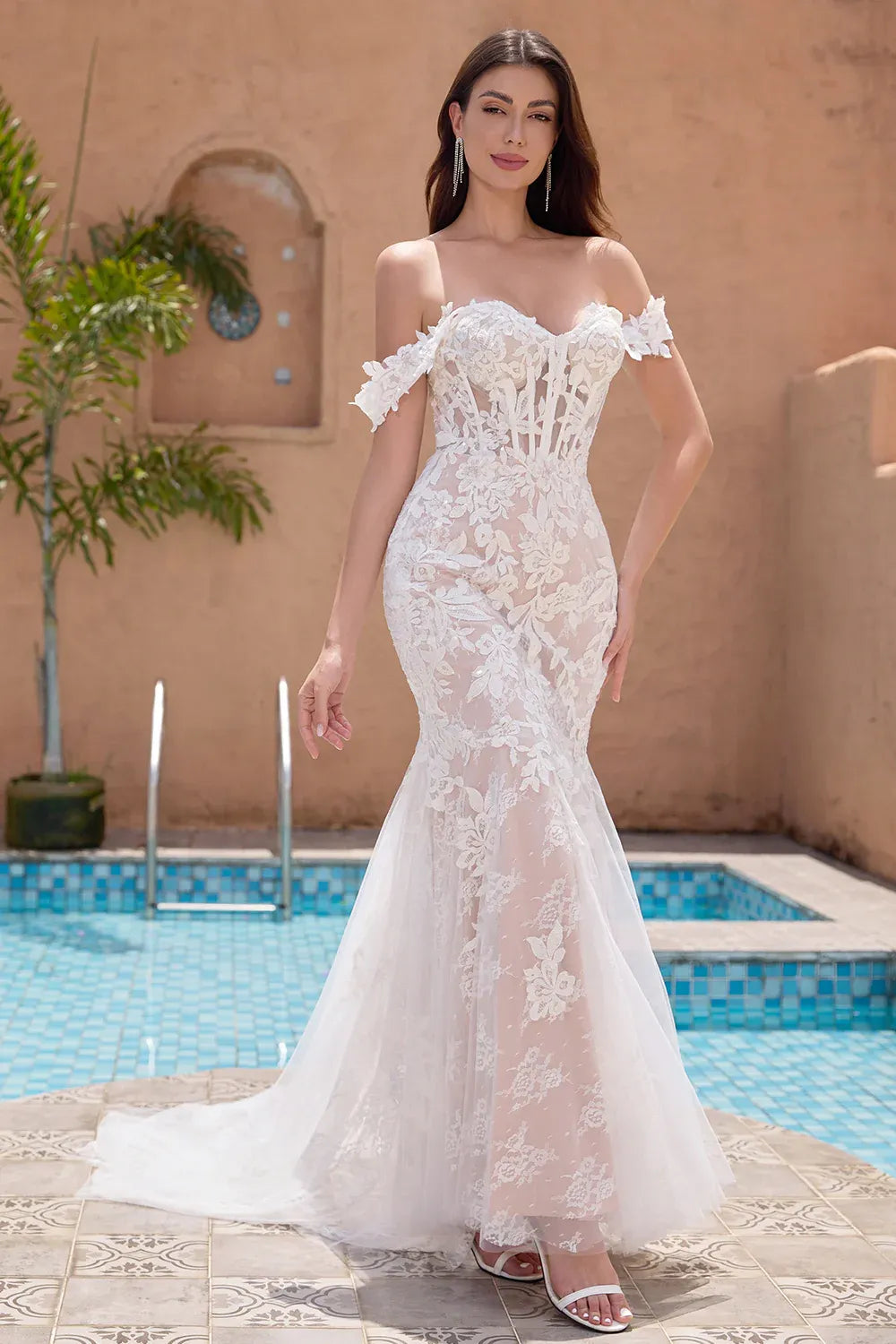 Off-the-Shoulder Floral Lace Mermaid Wedding Dress with Corset Bodice