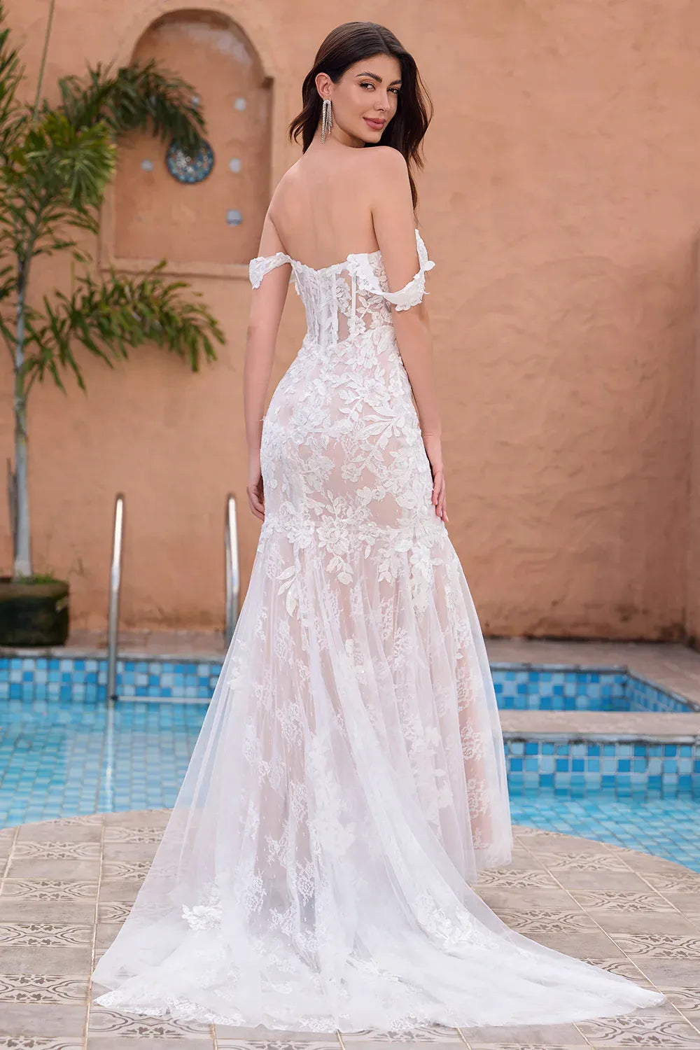 Off-the-Shoulder Floral Lace Mermaid Wedding Dress with Corset Bodice