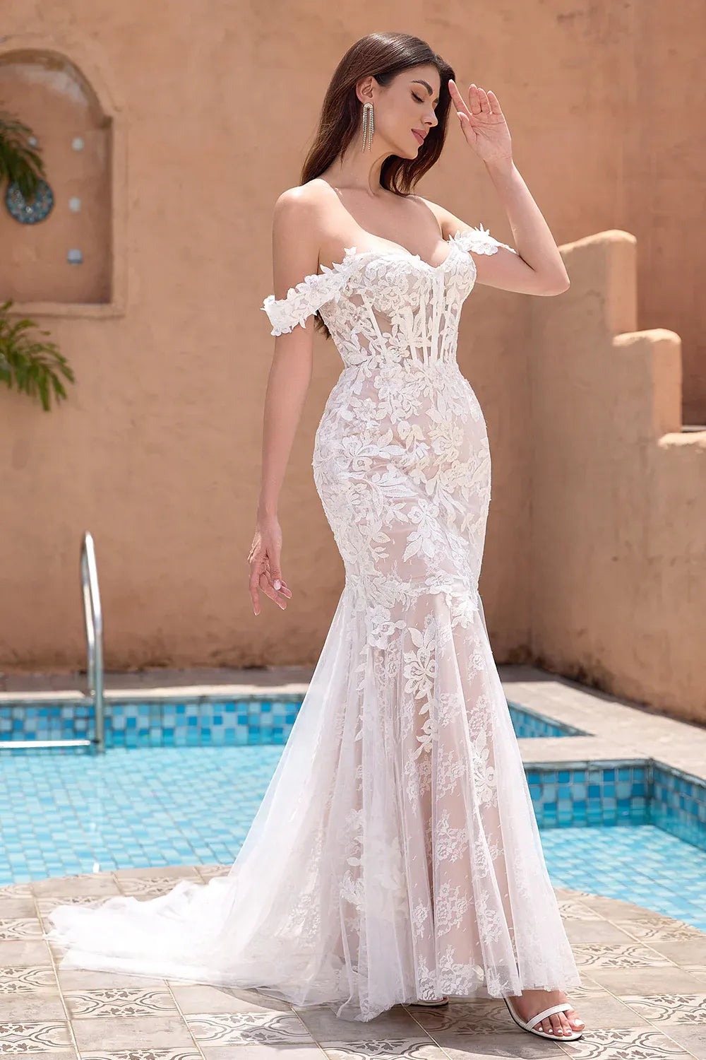 Off-the-Shoulder Floral Lace Mermaid Wedding Dress with Corset Bodice