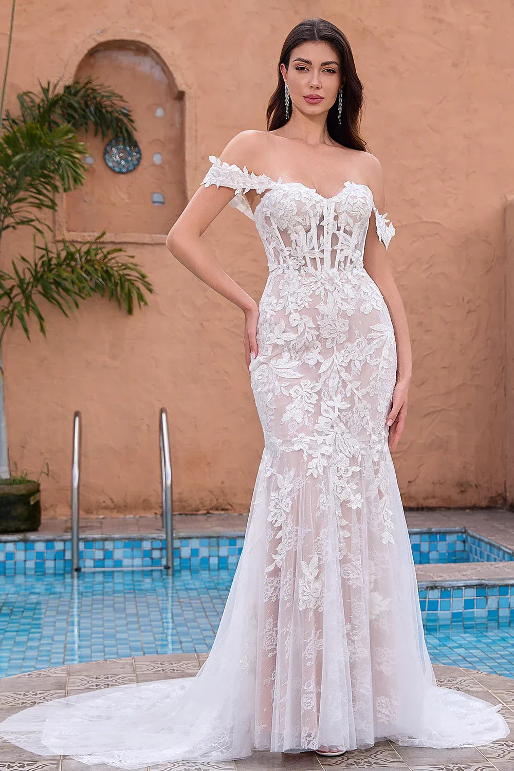 Off-the-Shoulder Floral Lace Mermaid Wedding Dress with Corset Bodice