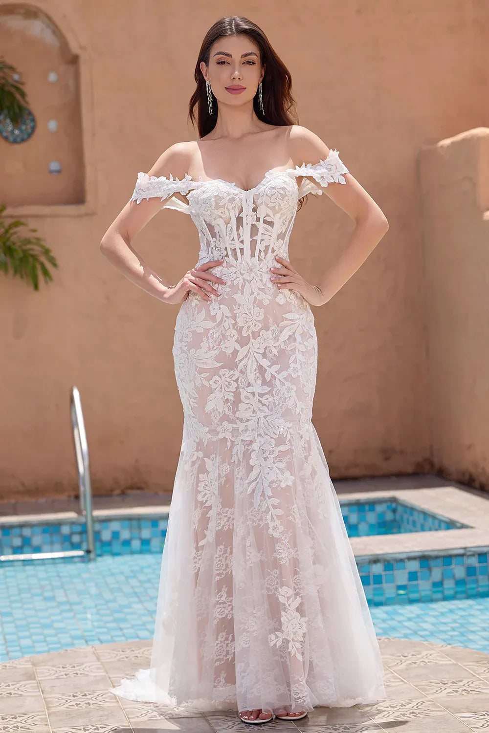 Off-the-Shoulder Floral Lace Mermaid Wedding Dress with Corset Bodice