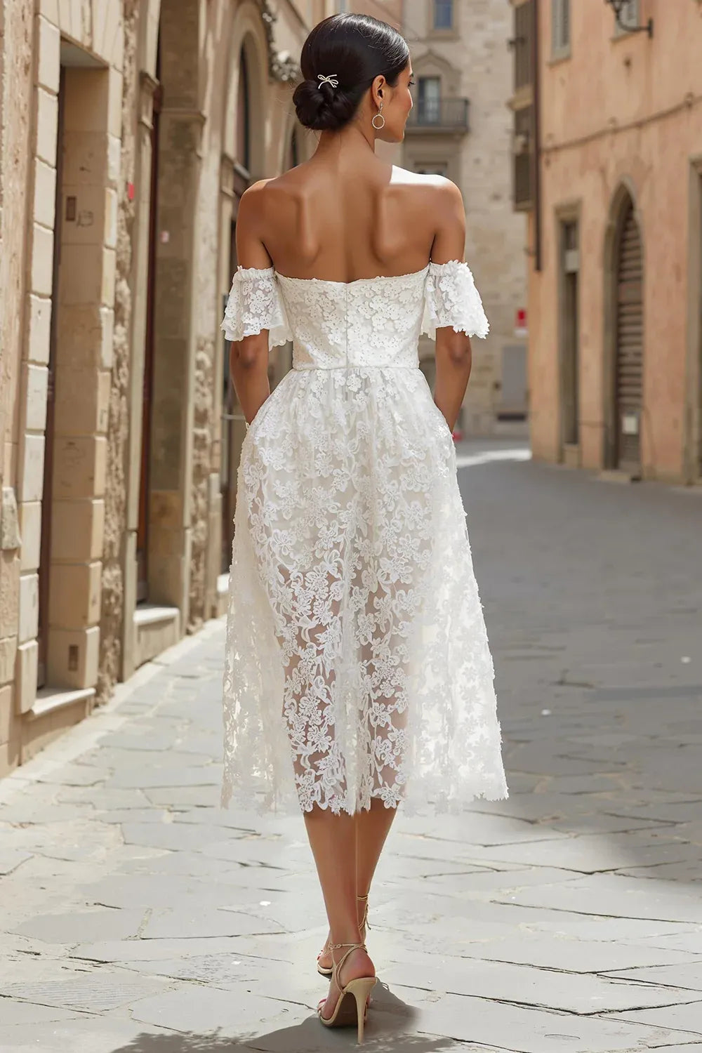 Off-the-Shoulder Floral Lace Midi Wedding Dress with Pockets