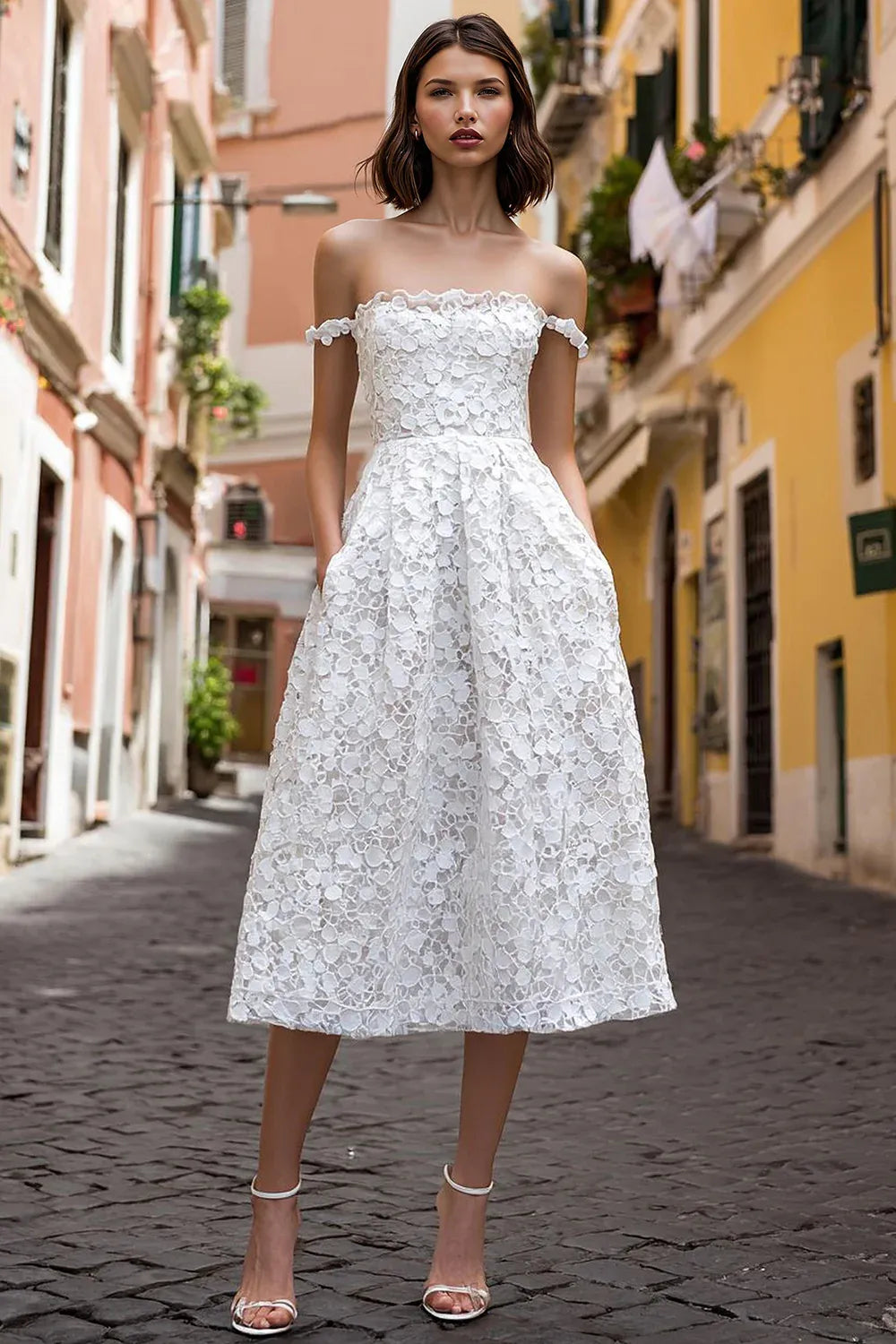 Off-the-Shoulder Floral Lace Midi Wedding Dress with Pockets