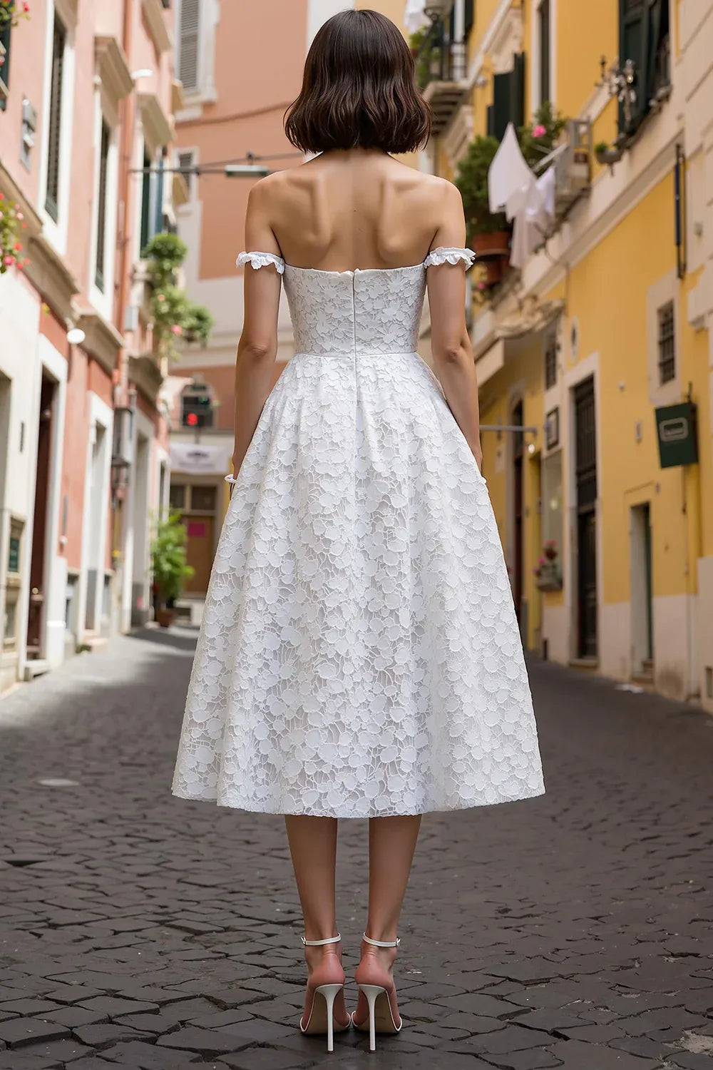 Off-the-Shoulder Floral Lace Midi Wedding Dress with Pockets