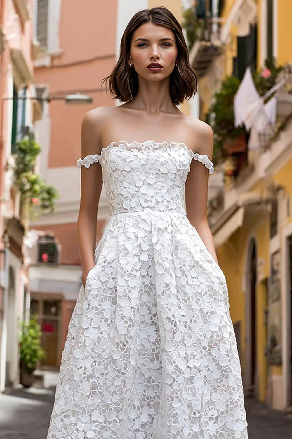 Off-the-Shoulder Floral Lace Midi Wedding Dress with Pockets