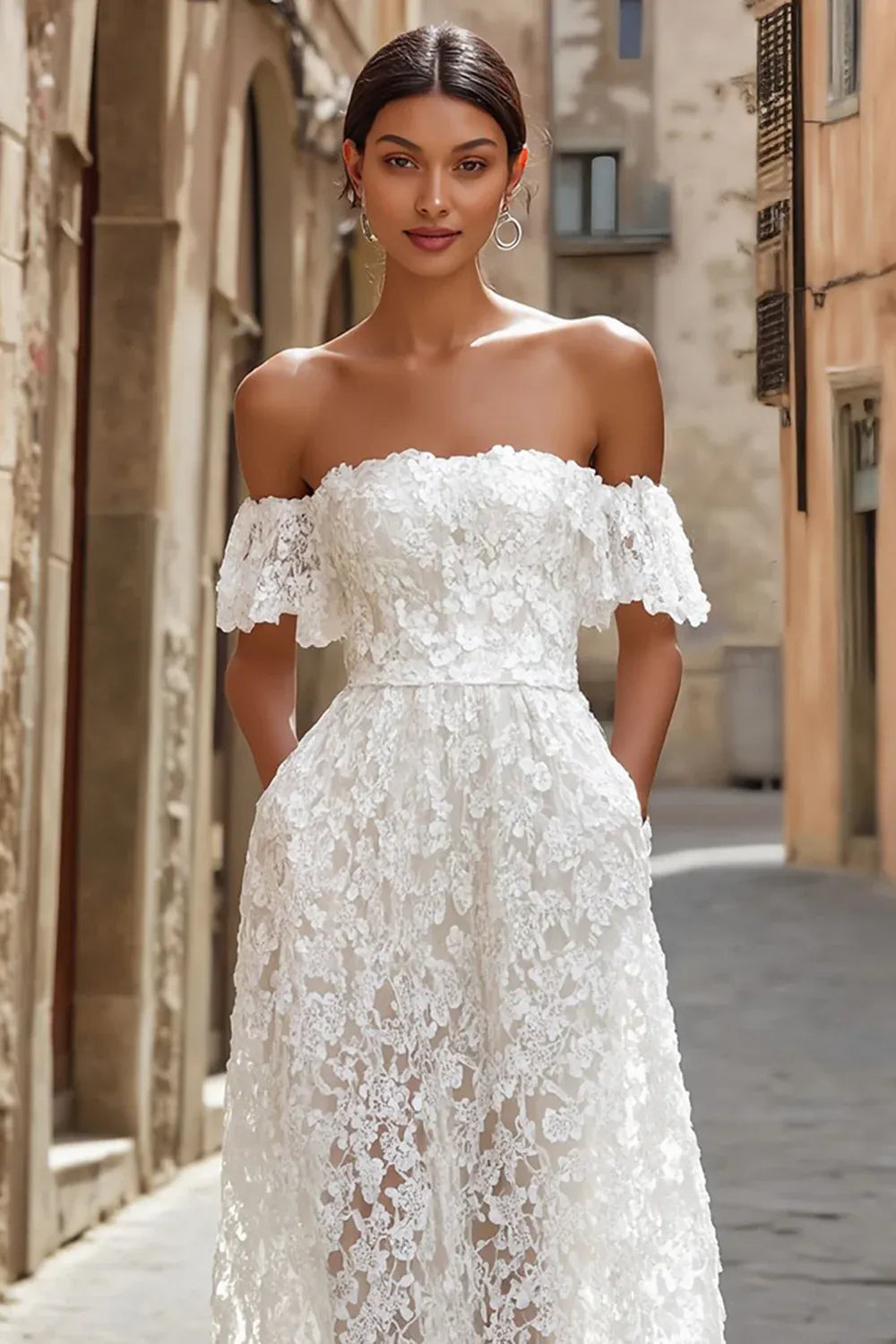 Off-the-Shoulder Floral Lace Midi Wedding Dress with Pockets