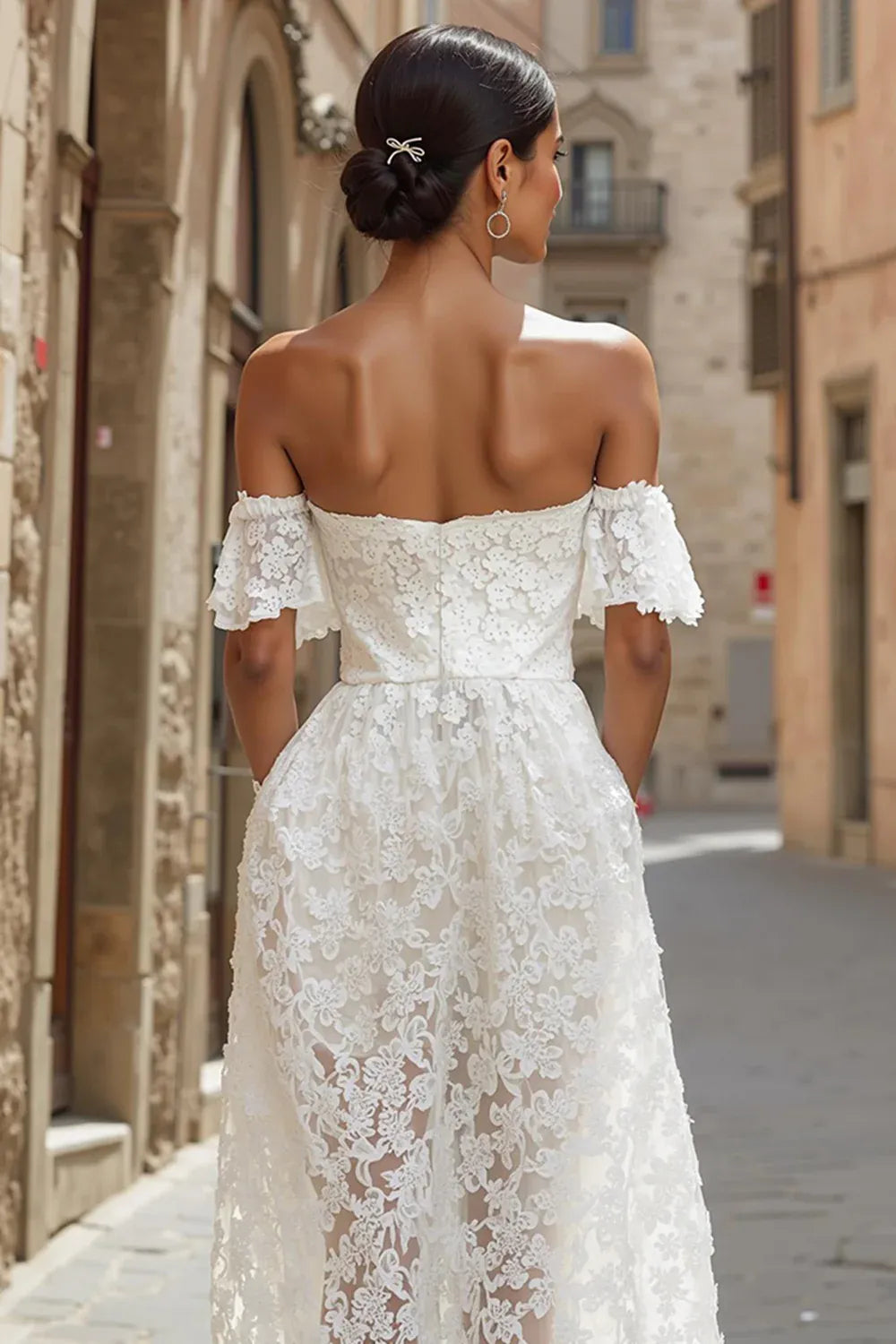 Off-the-Shoulder Floral Lace Midi Wedding Dress with Pockets