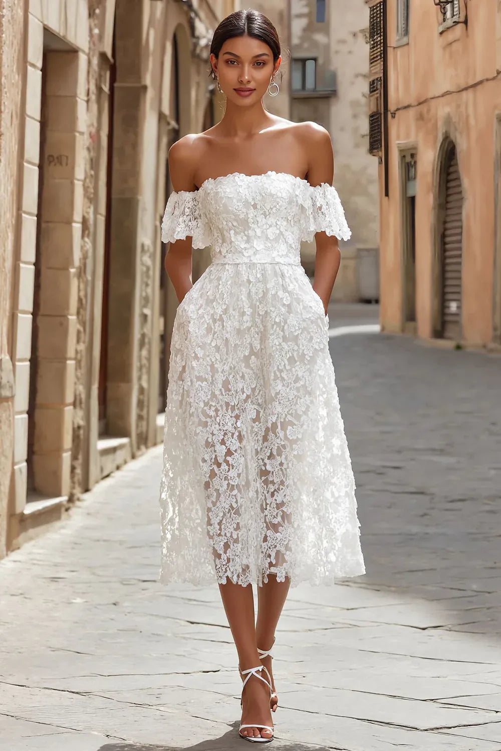 Off-the-Shoulder Floral Lace Midi Wedding Dress with Pockets