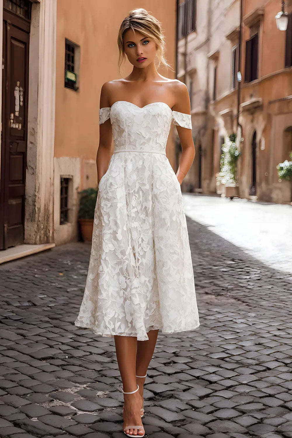 Off-the-Shoulder Floral Lace Midi Wedding Dress with Pockets