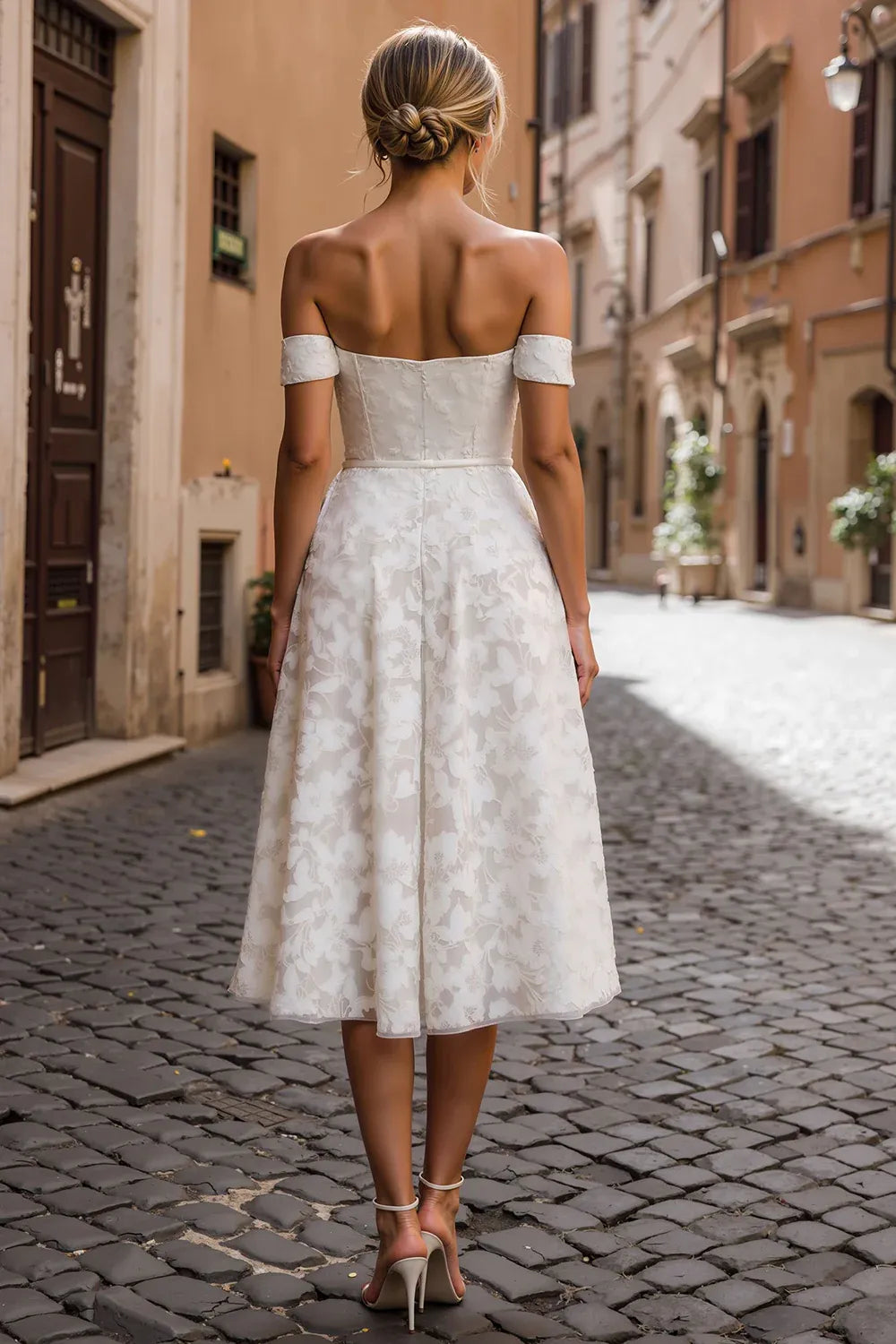 Off-the-Shoulder Floral Lace Midi Wedding Dress with Pockets