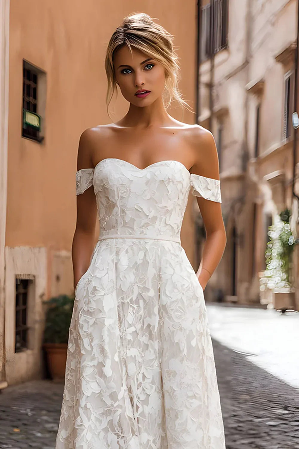 Off-the-Shoulder Floral Lace Midi Wedding Dress with Pockets